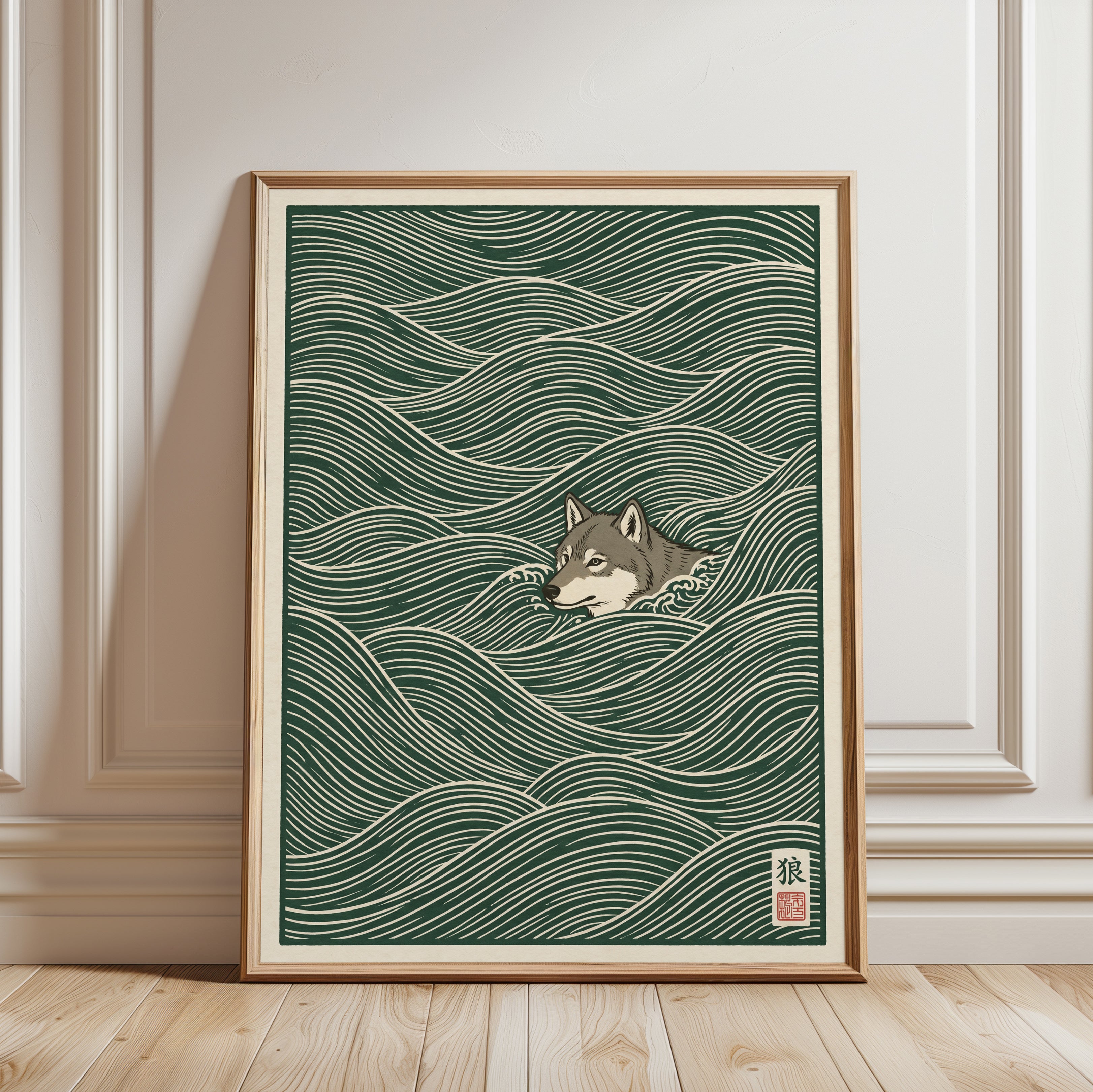 Japanese Wave Wolf Print - framed detail