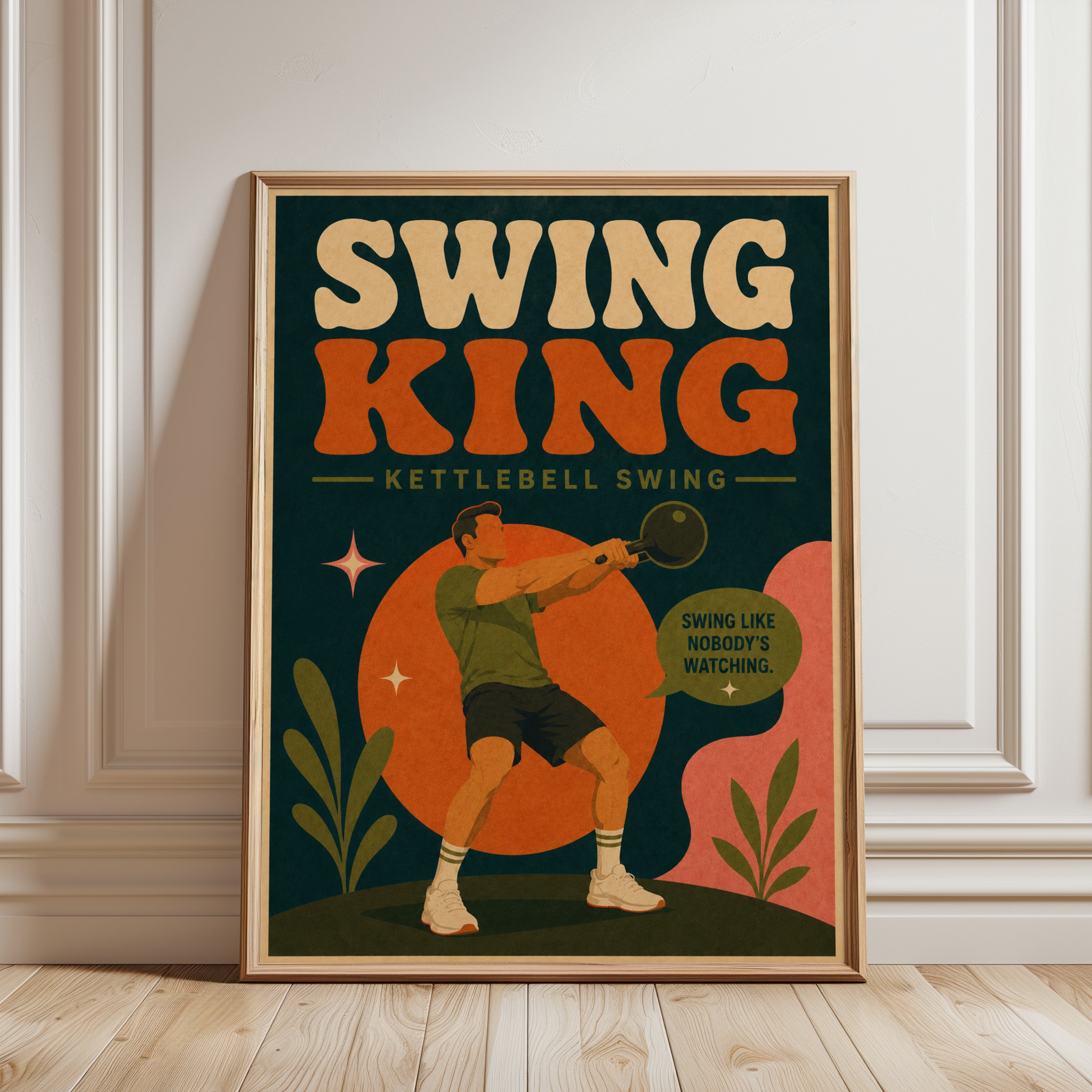Swing King Kettlebell Art Print: Retro Fitness Poster - framed detail