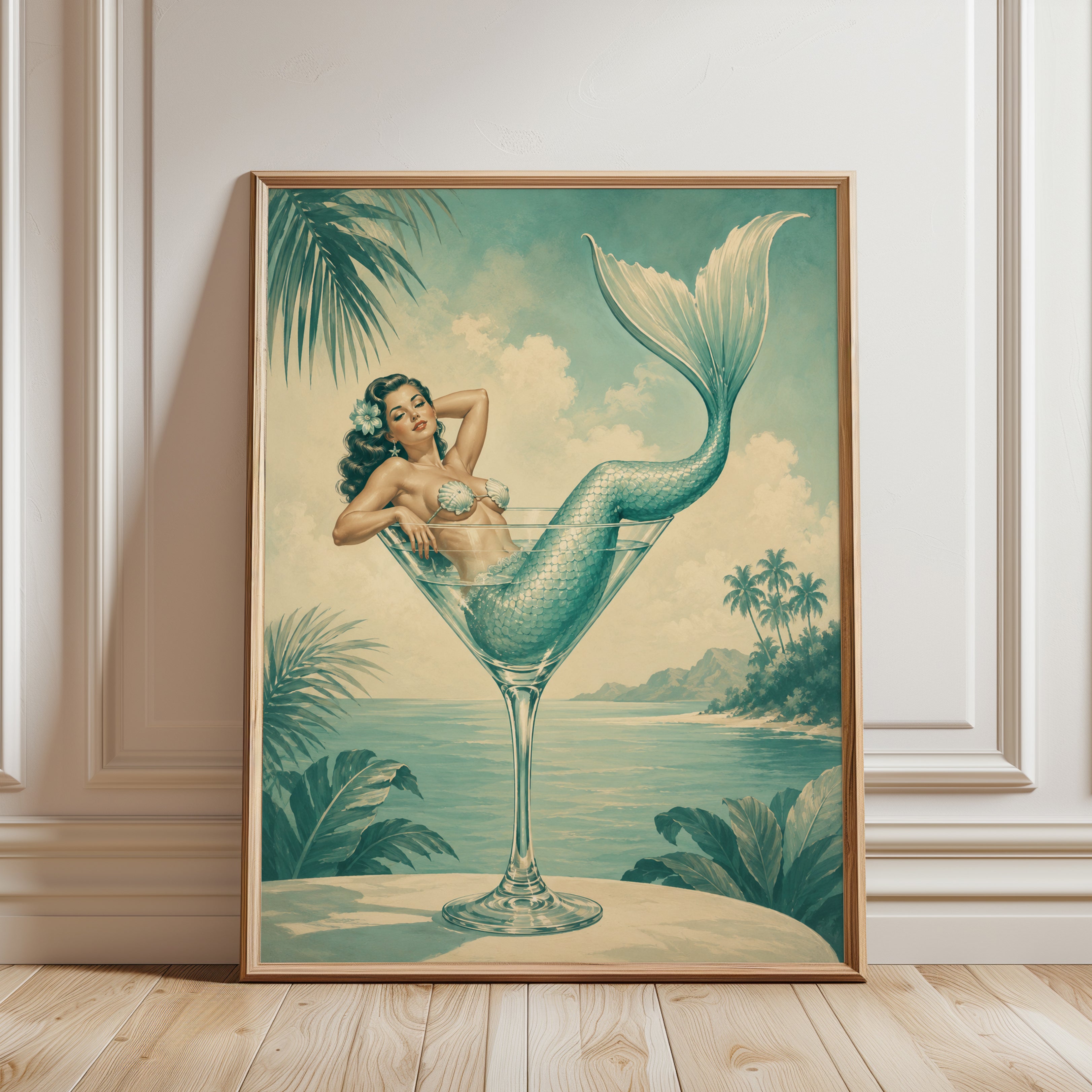 Mermaid Cocktail Art Print: Vintage Tropical Pin-Up Poster - framed detail