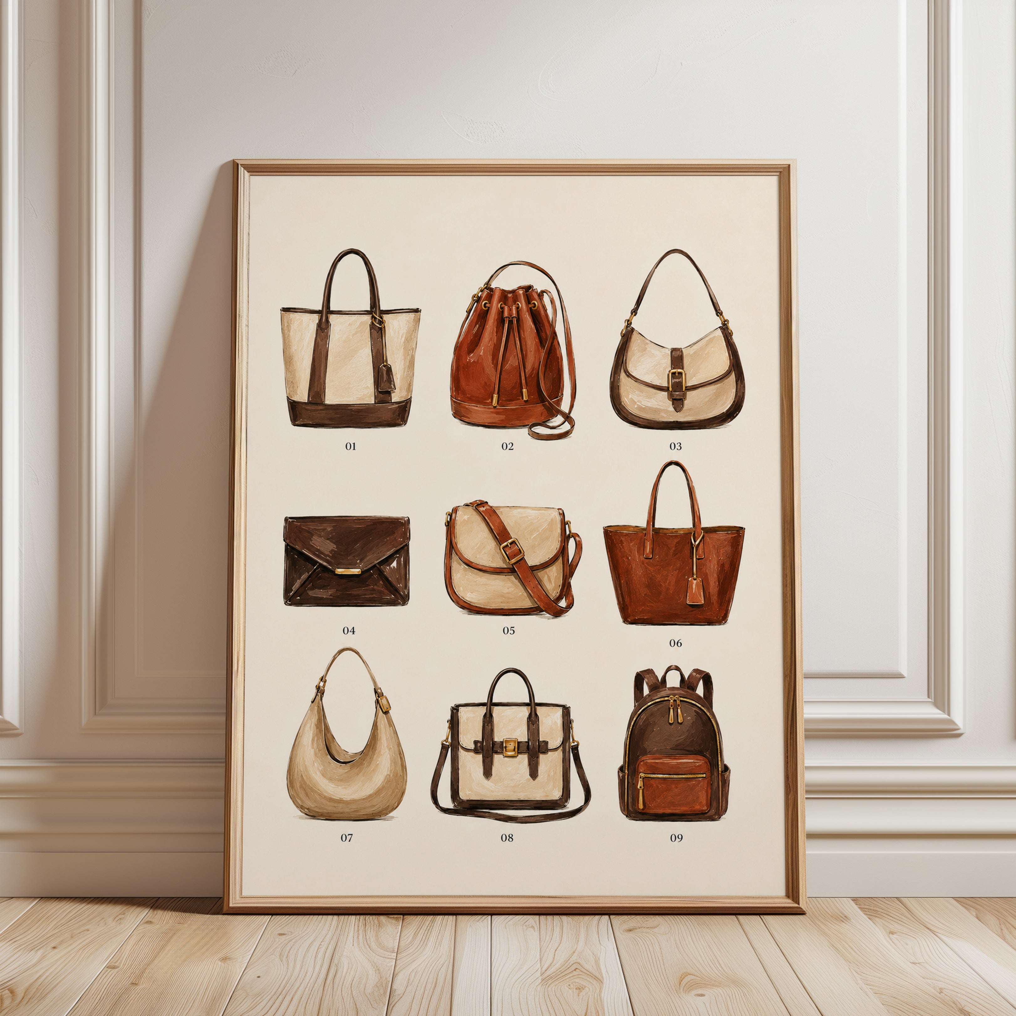 Leather Handbag Collection Art Print: Vintage Fashion Illustration - framed detail