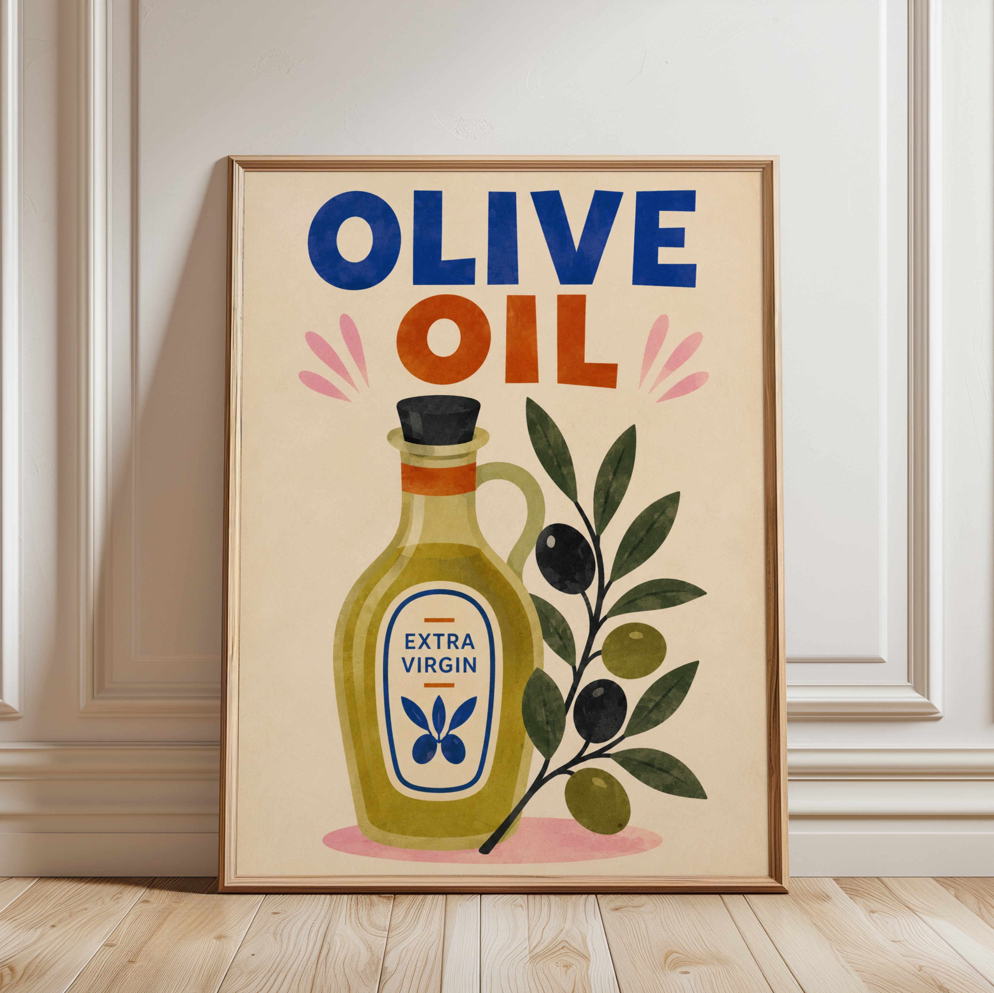 Olive Oil Kitchen Print – Food Illustration Art - framed detail