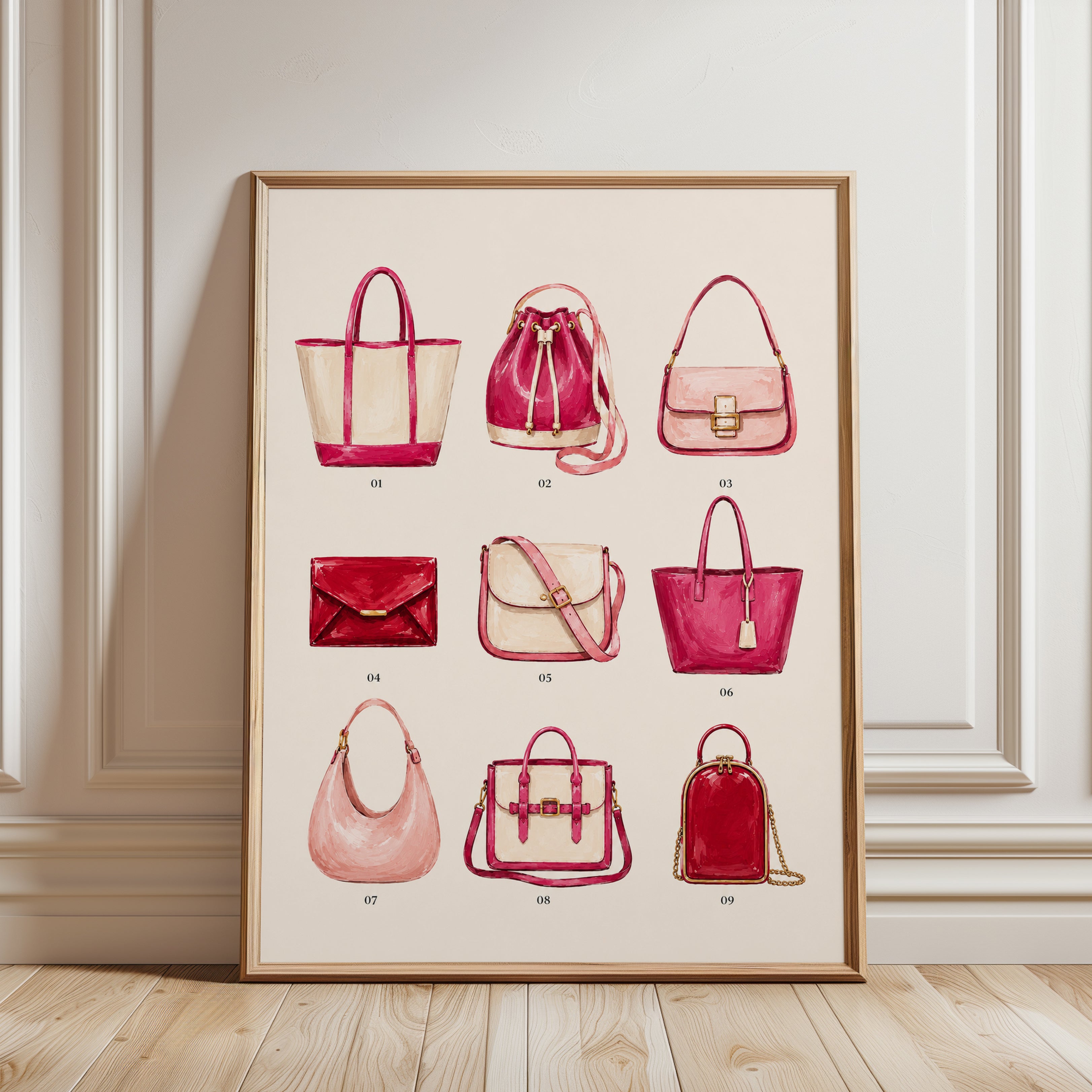 Designer Handbag Collection Art Print: Pink Fashion Illustration - framed detail