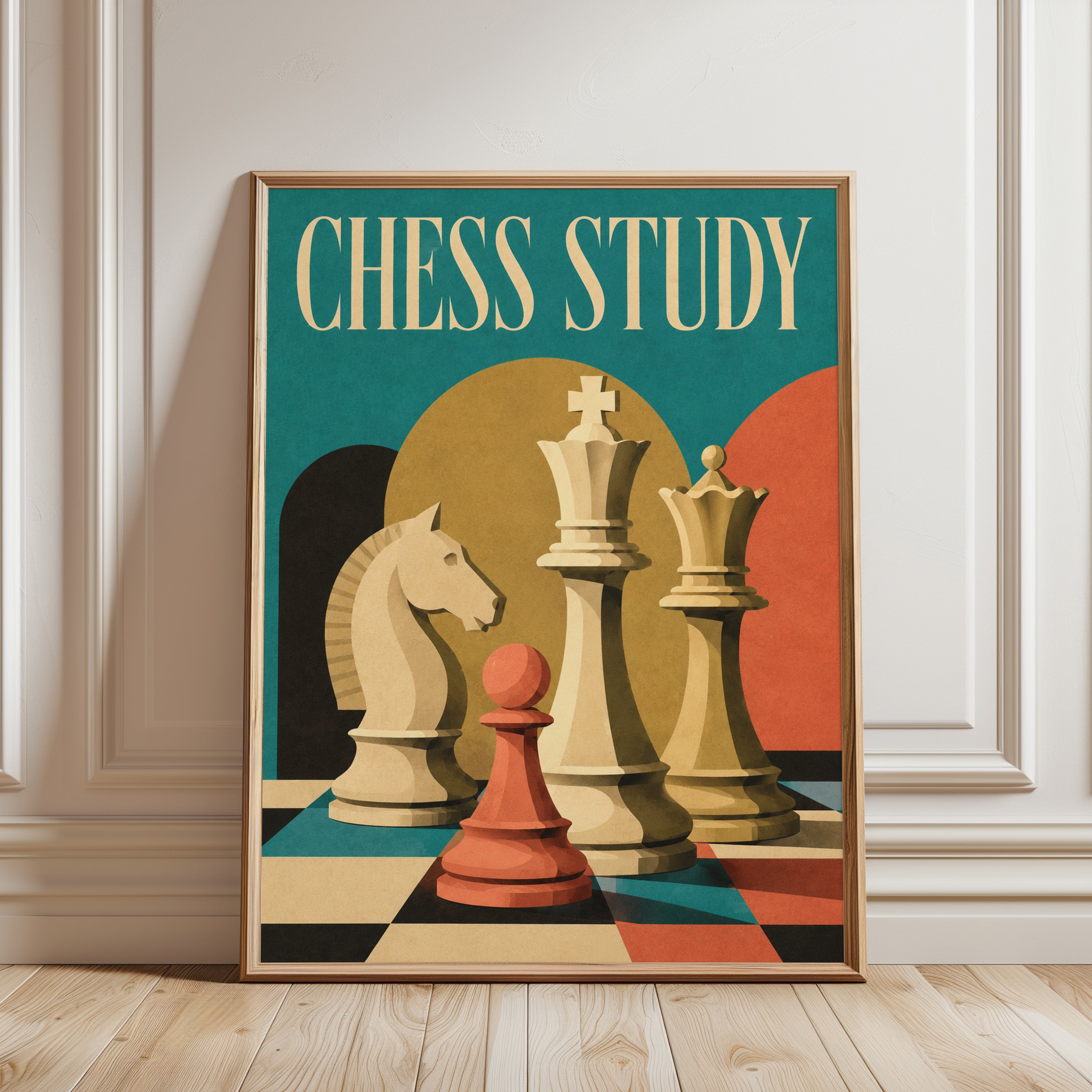 Chess Study Vintage Print — Mid-Century Retro Poster - framed detail