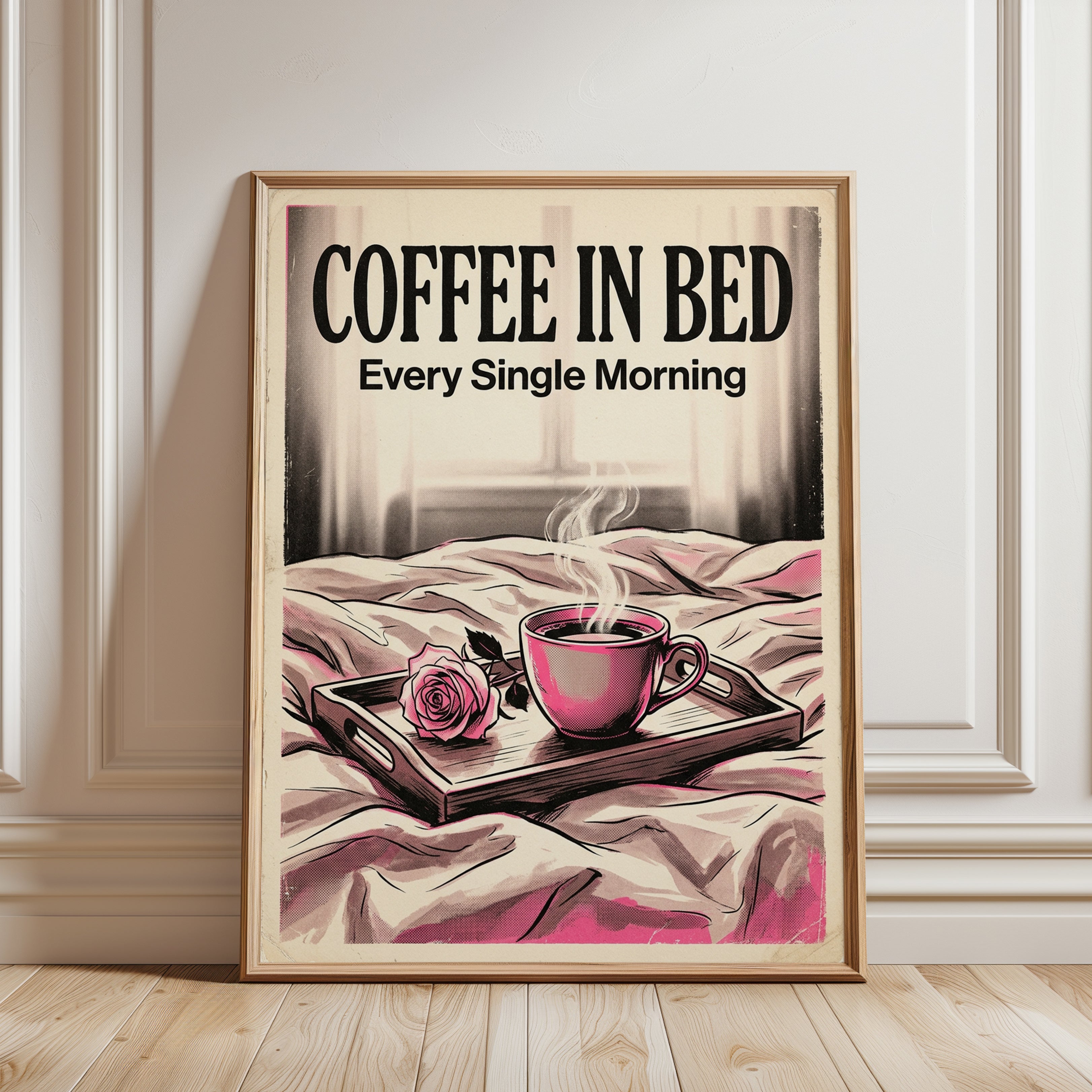 Coffee in Bed Print — Vintage-Style Morning Coffee Illustration - framed detail