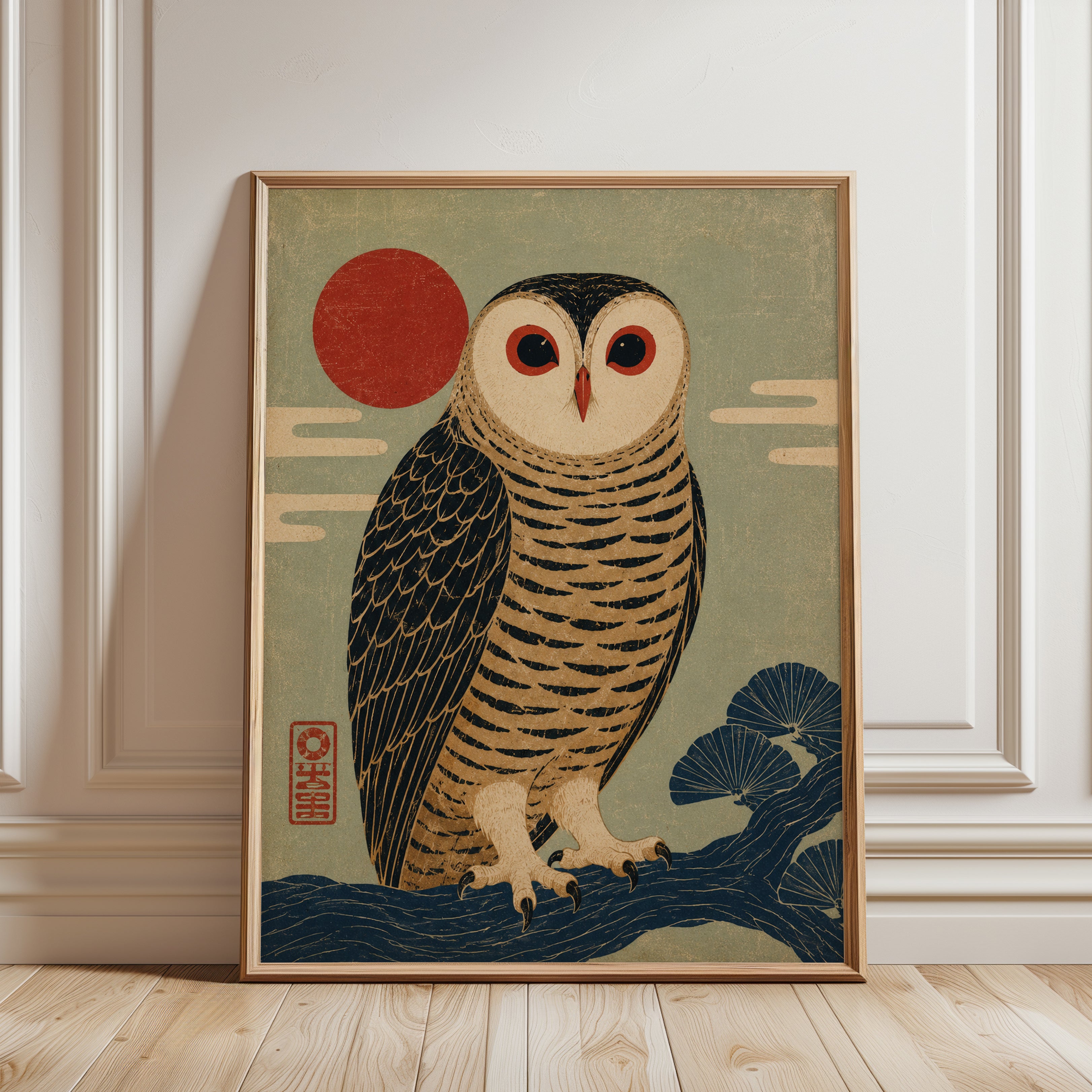 Owl Wall Art Print: Japanese Vintage Woodblock - framed detail