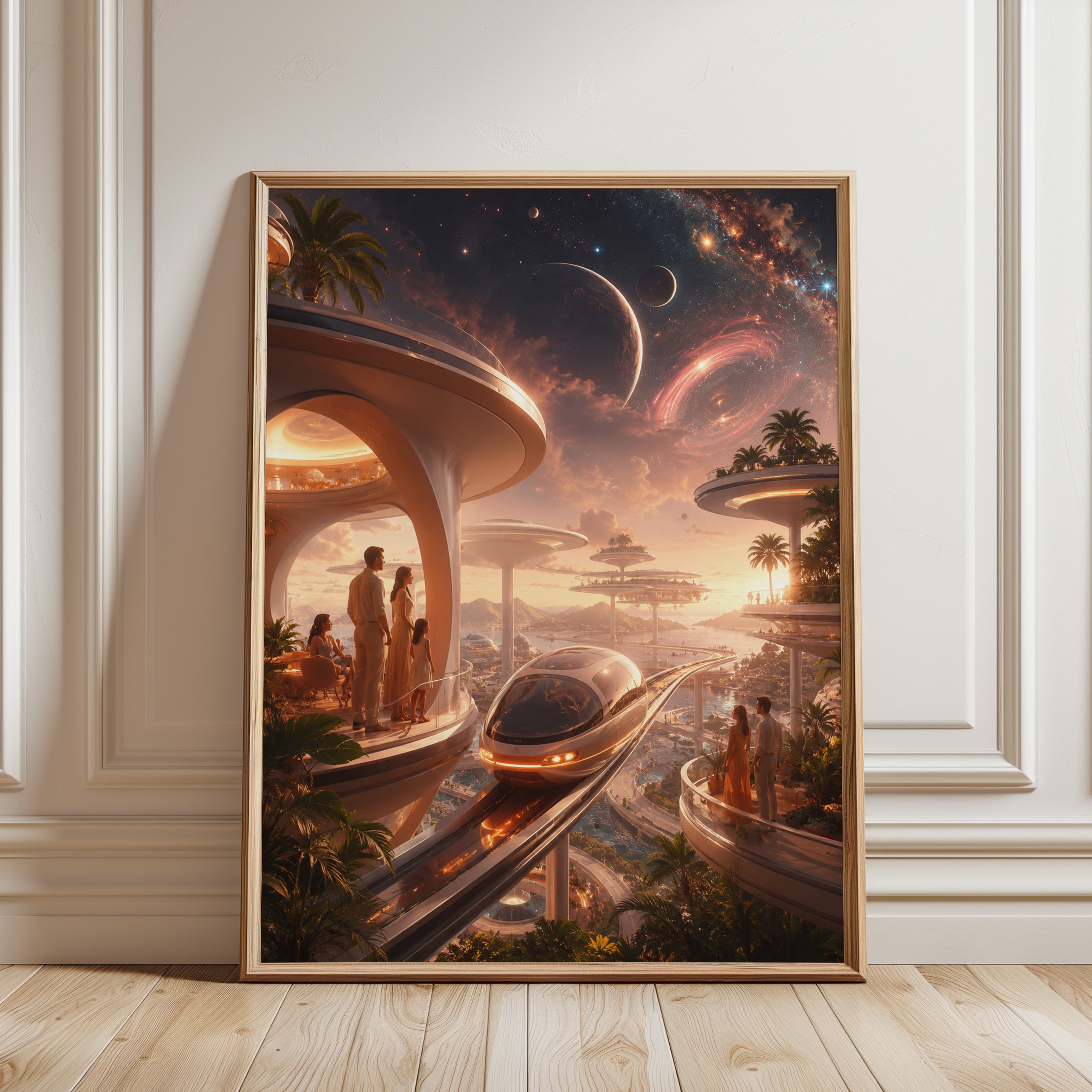 Futuristic Paradise Art Print: Retro Sci-Fi Cosmic Architecture - framed detail