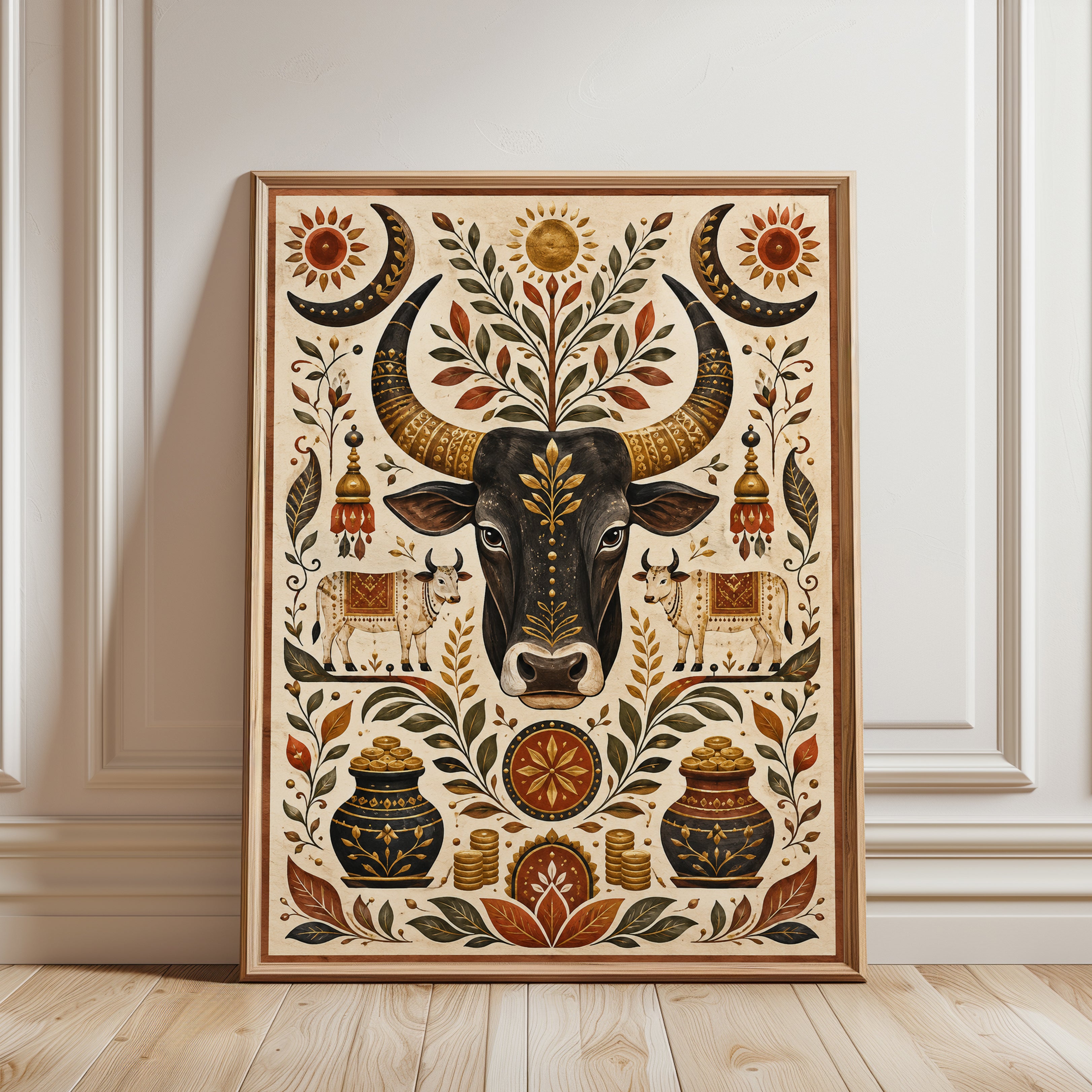 Folk Art Bull Print – Symmetrical Animal Wall Art - framed detail