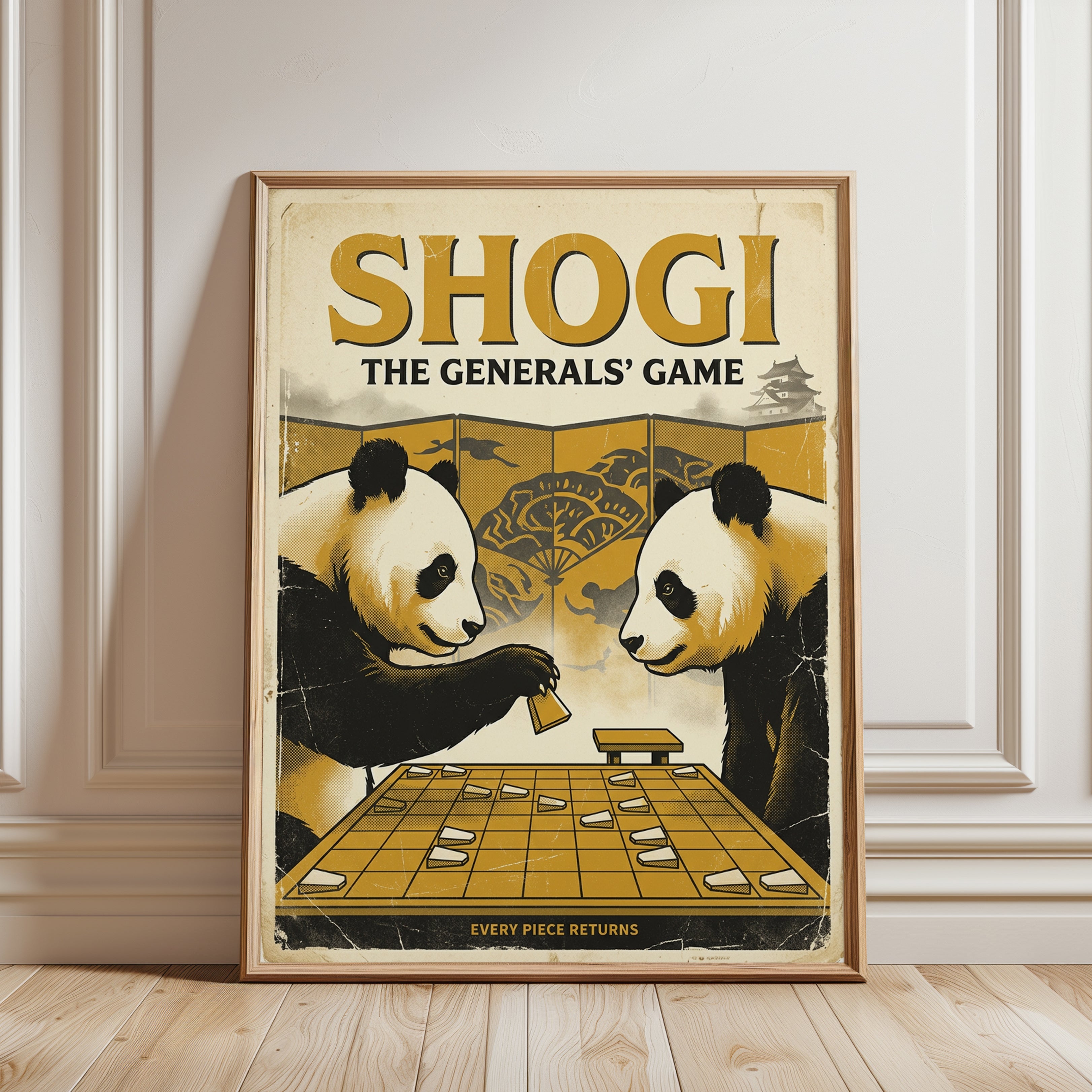 Shogi Pandas Art Print: Vintage Japanese Board Game Poster - framed detail
