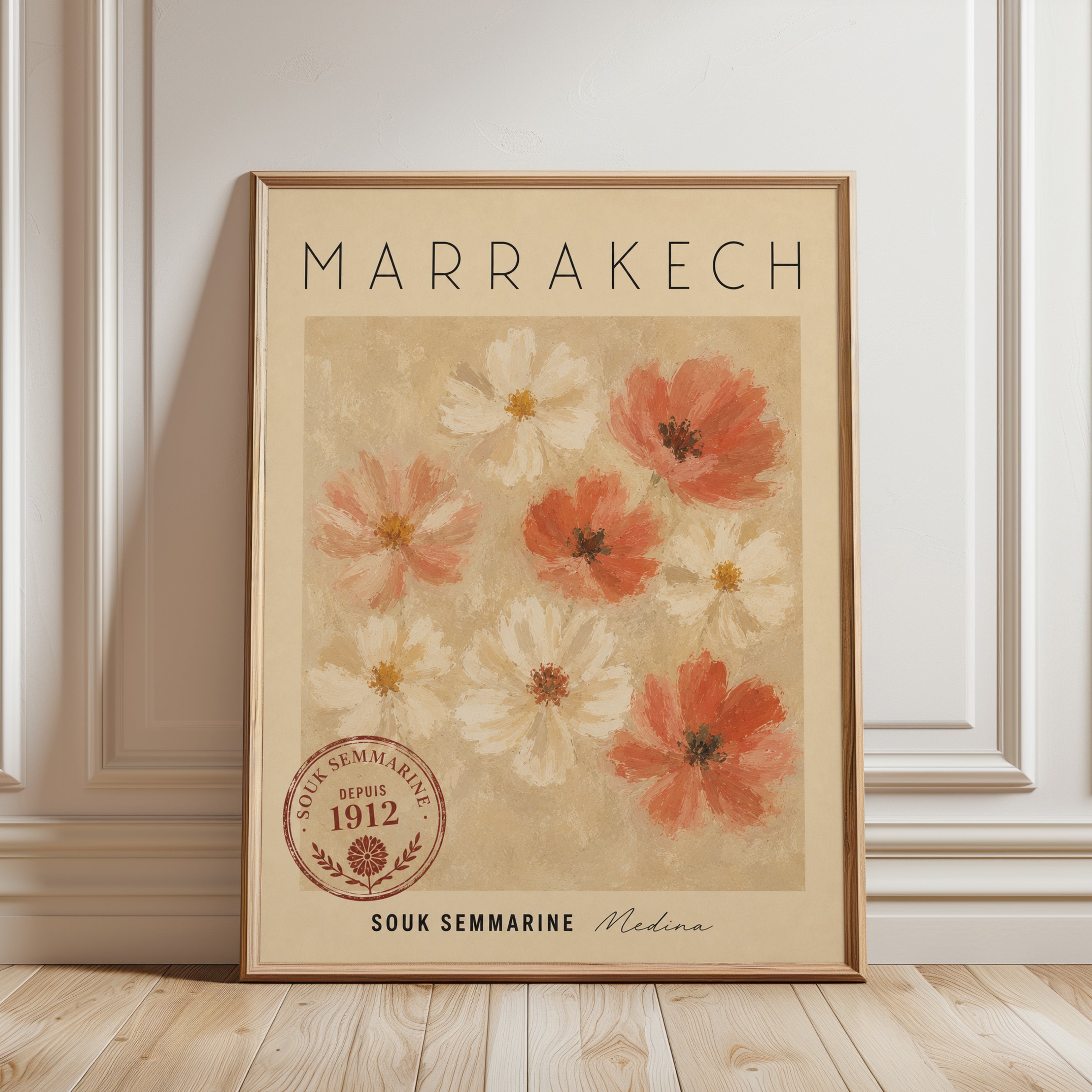Marrakech Travel Poster – Vintage Floral Print - framed detail