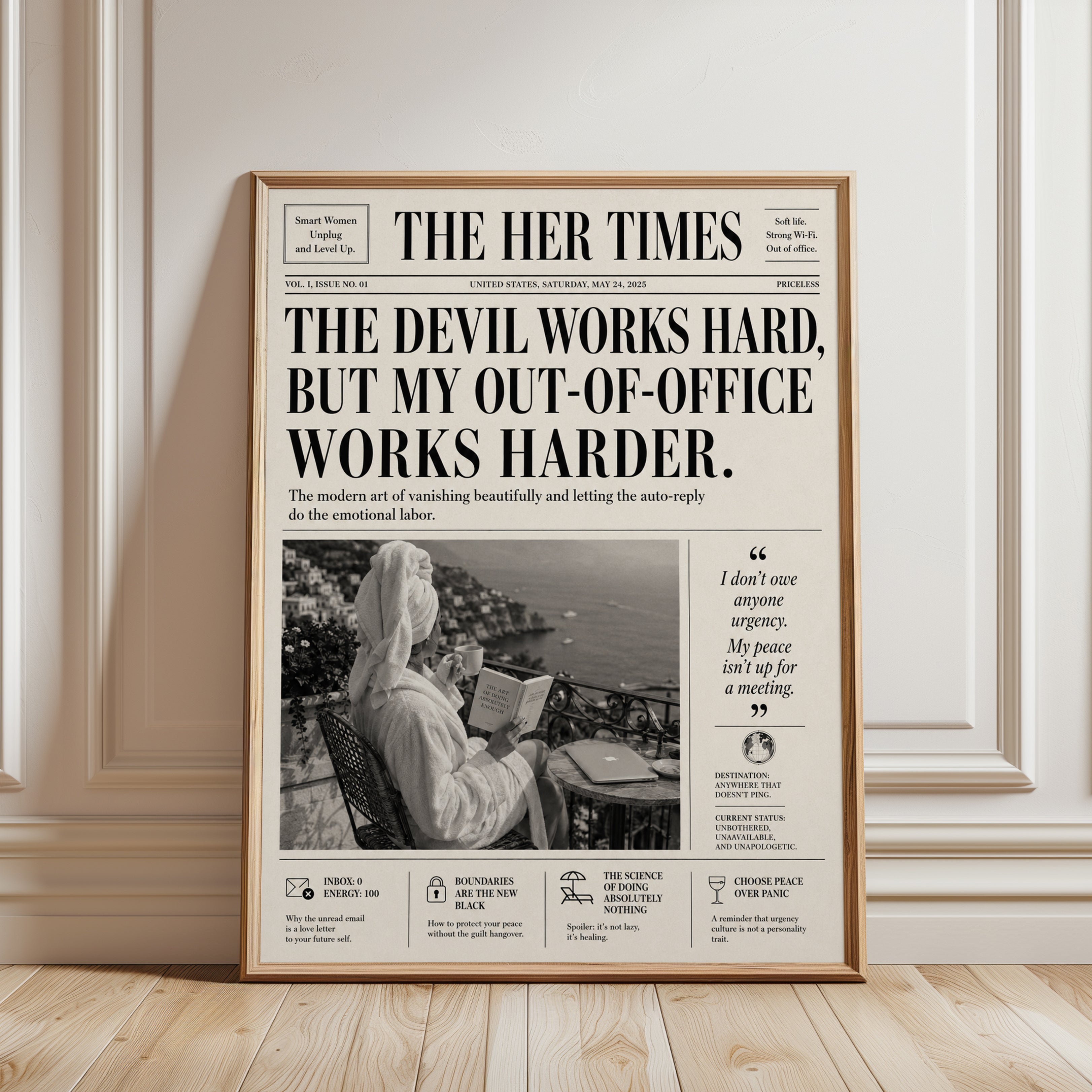 Out of Office Statue Art Print: Humorous Modern Typography Poster - framed detail
