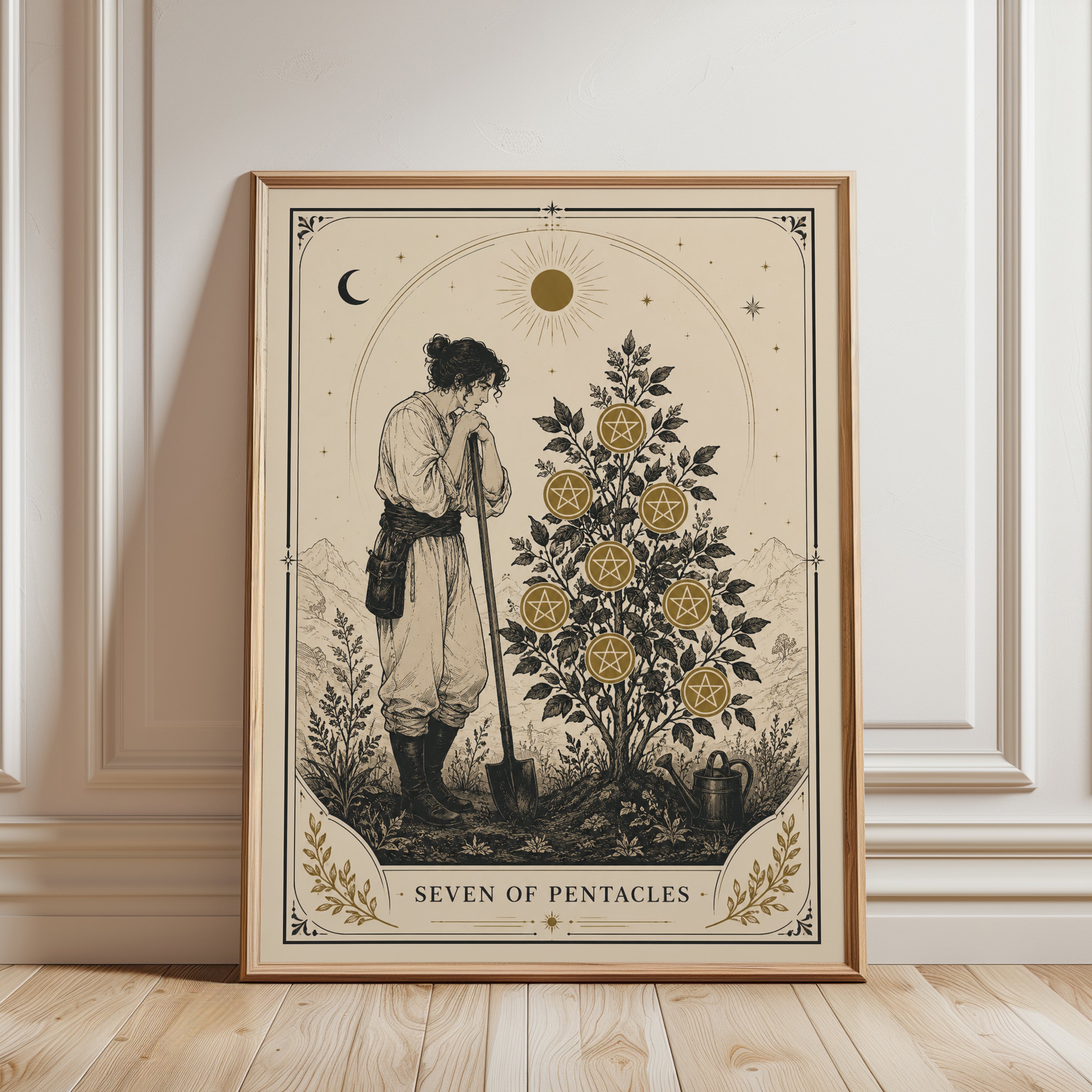 Tarot Card Wall Art – Seven of Pentacles Print - framed detail