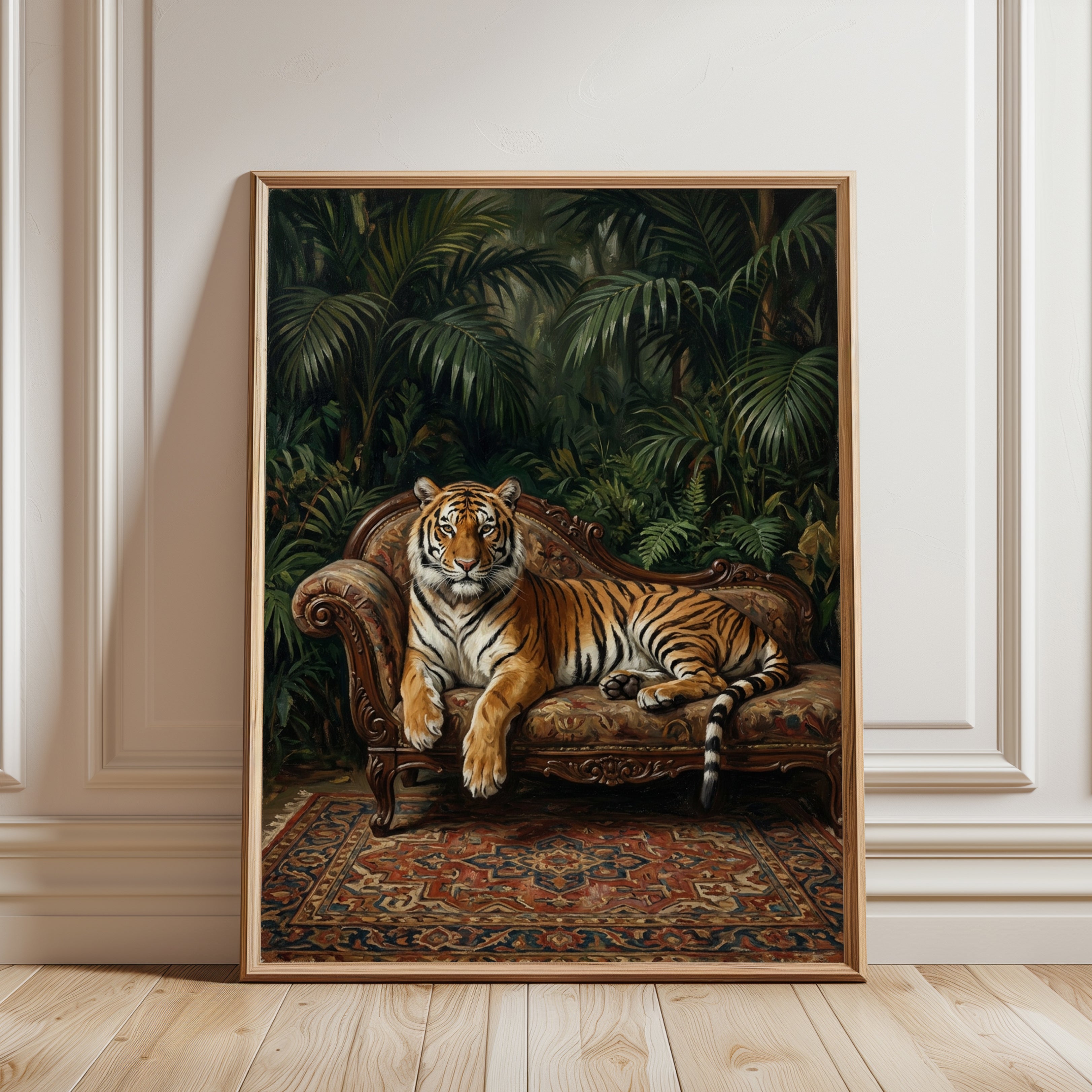 Tiger on Victorian Sofa Print — Jungle Maximalist Art - framed detail