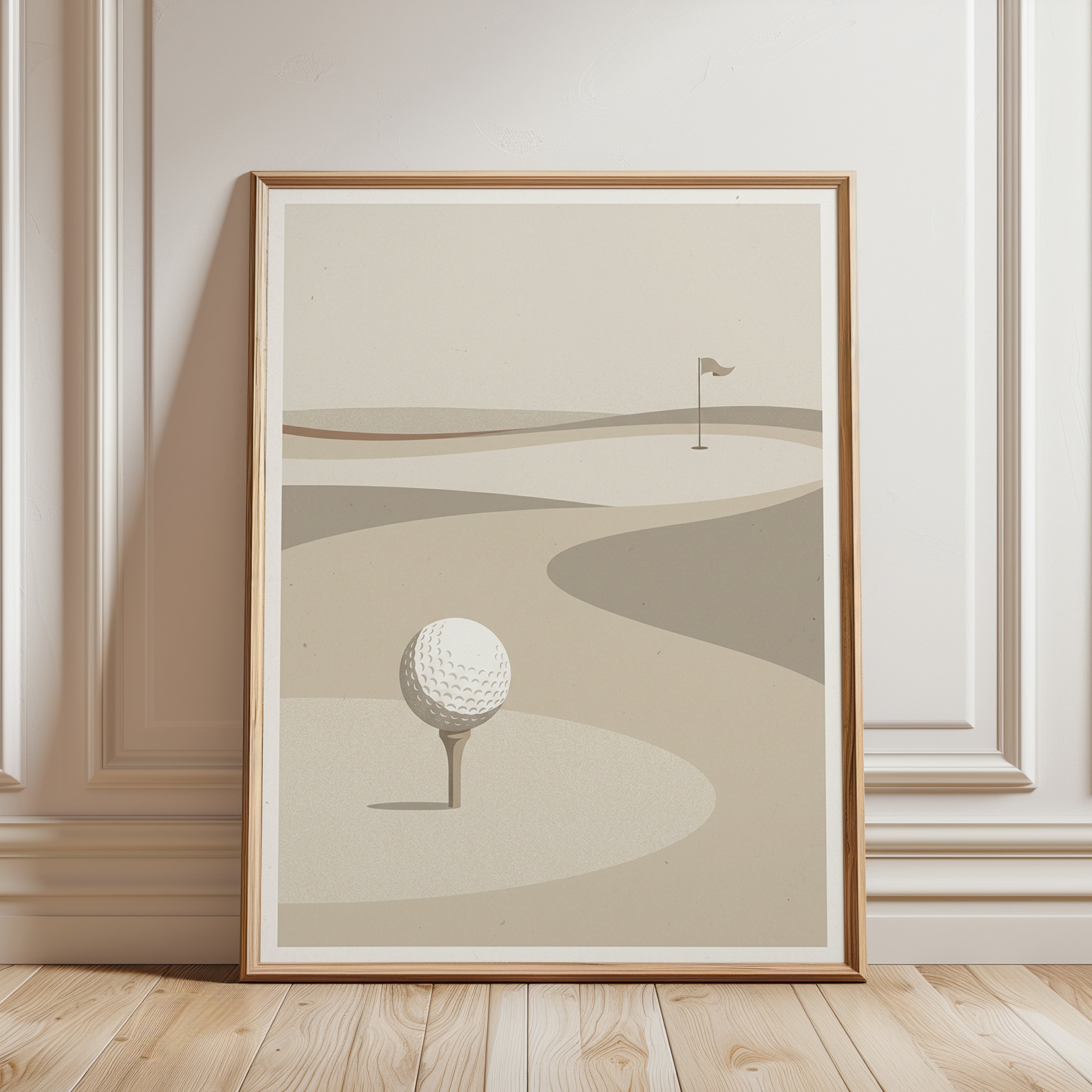 Minimalist Golf Course Print: Neutral Beige Abstract Landscape - framed detail