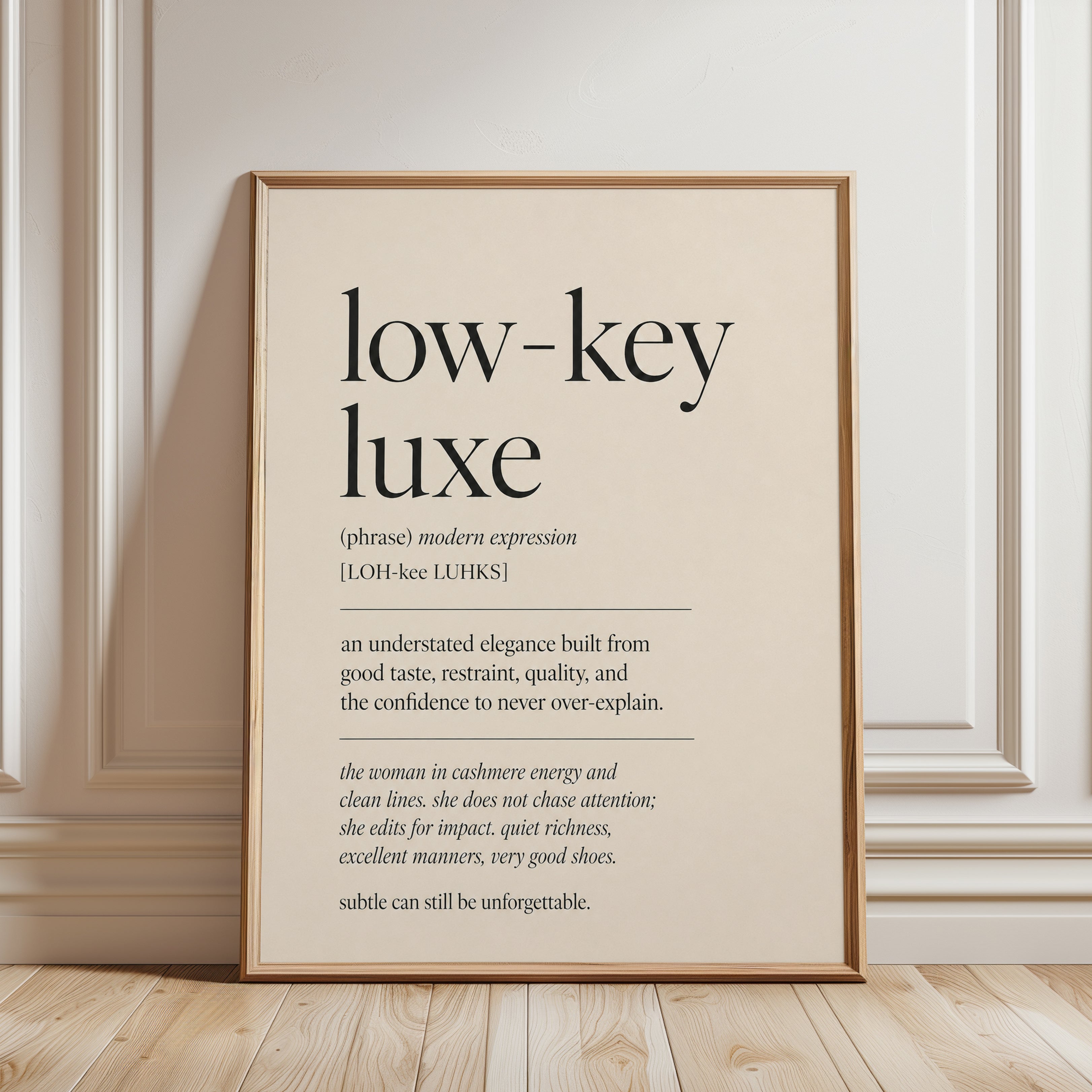 Low-Key Luxe Definition Print: Minimalist Typography Wall Art - framed detail