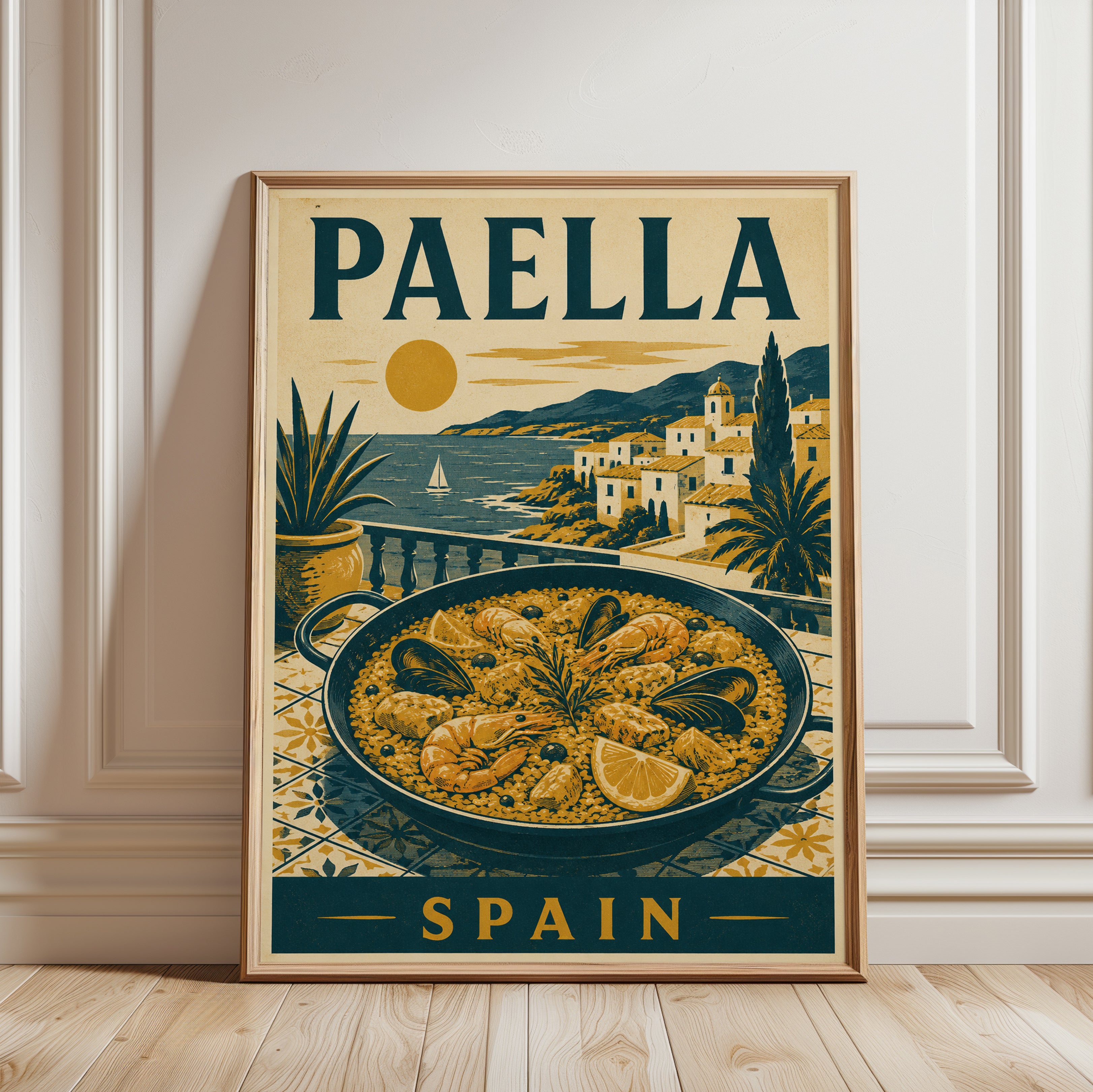 Paella Travel Poster: Vintage Spanish Coastal Kitchen Art - framed detail