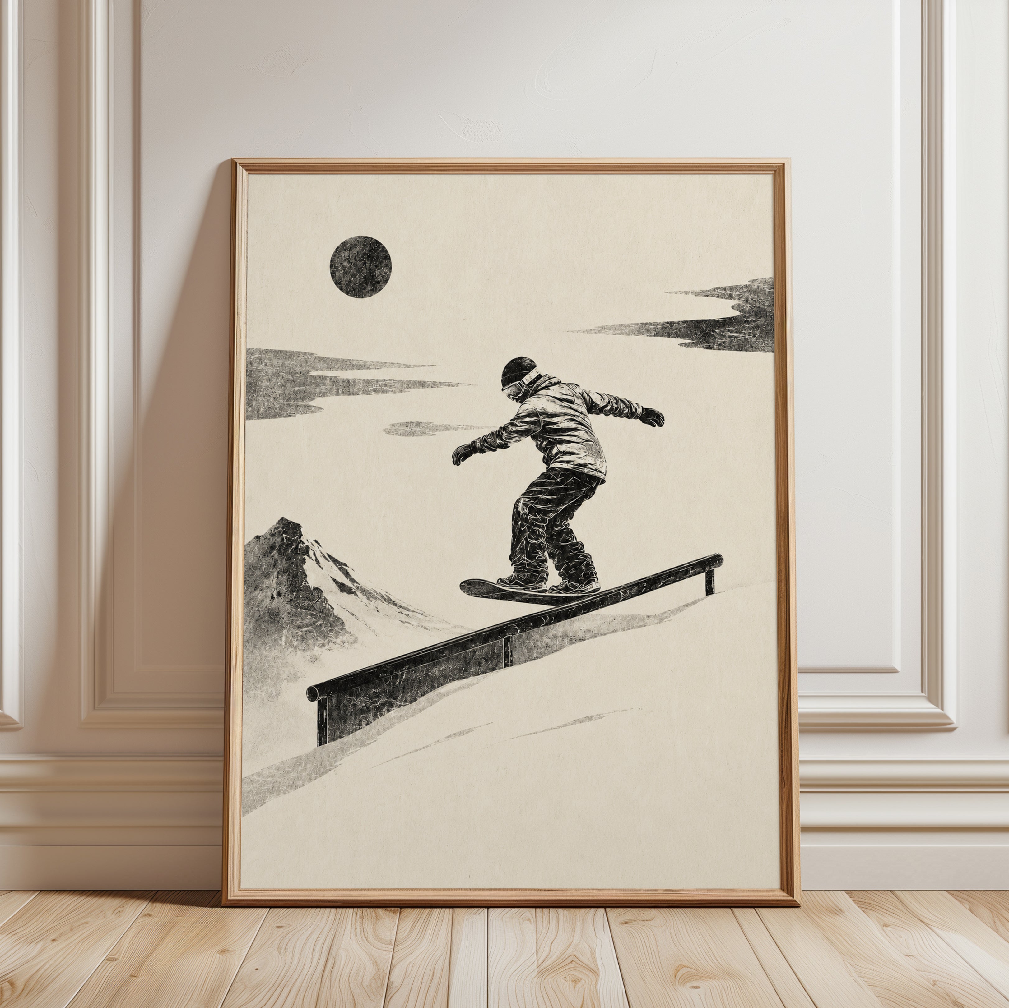 Snowboarder Rail Slide Print: Vintage Monochrome Winter Sports Art - framed detail