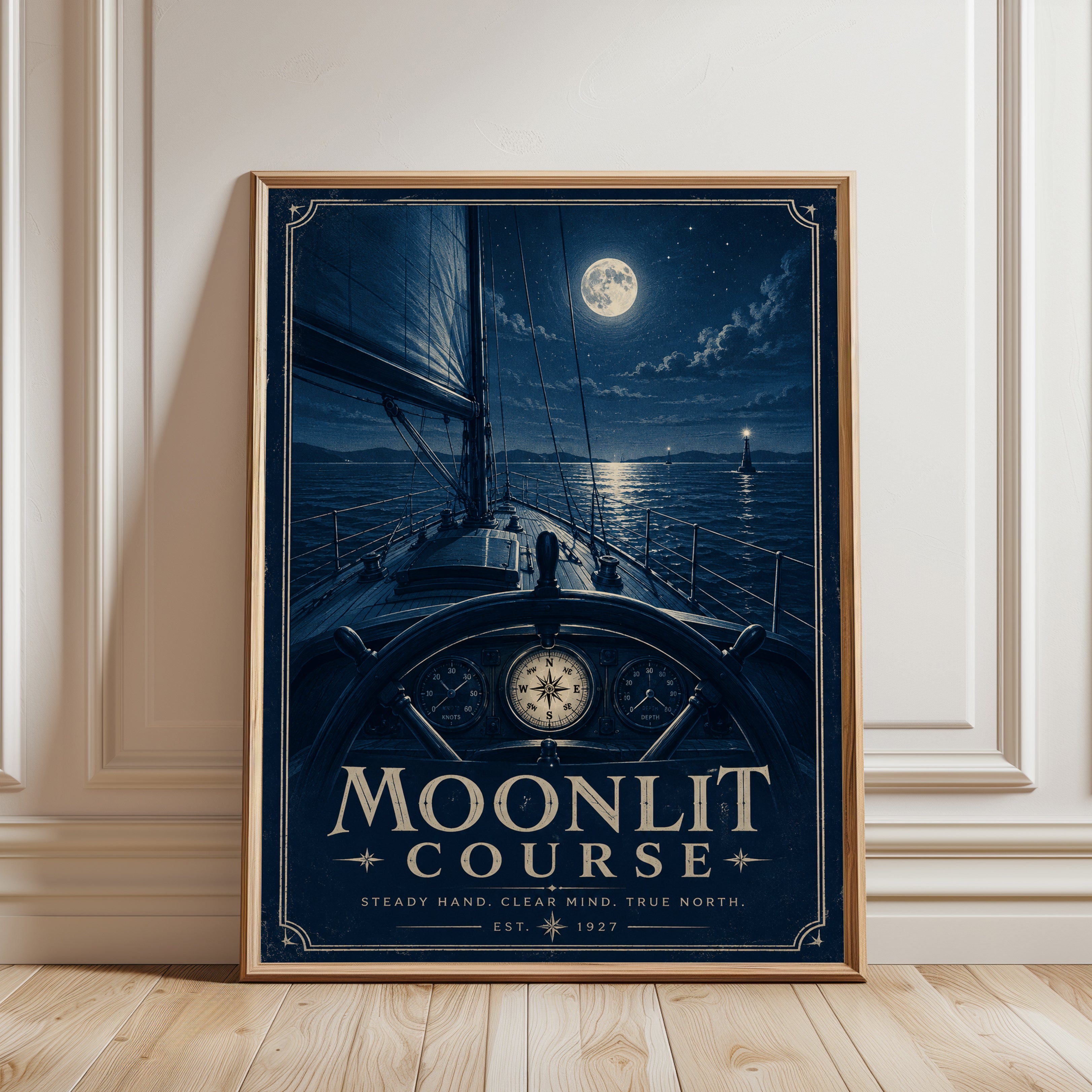 Moonlit Sailboat Navigation Art Print: Vintage Nautical Design - framed detail