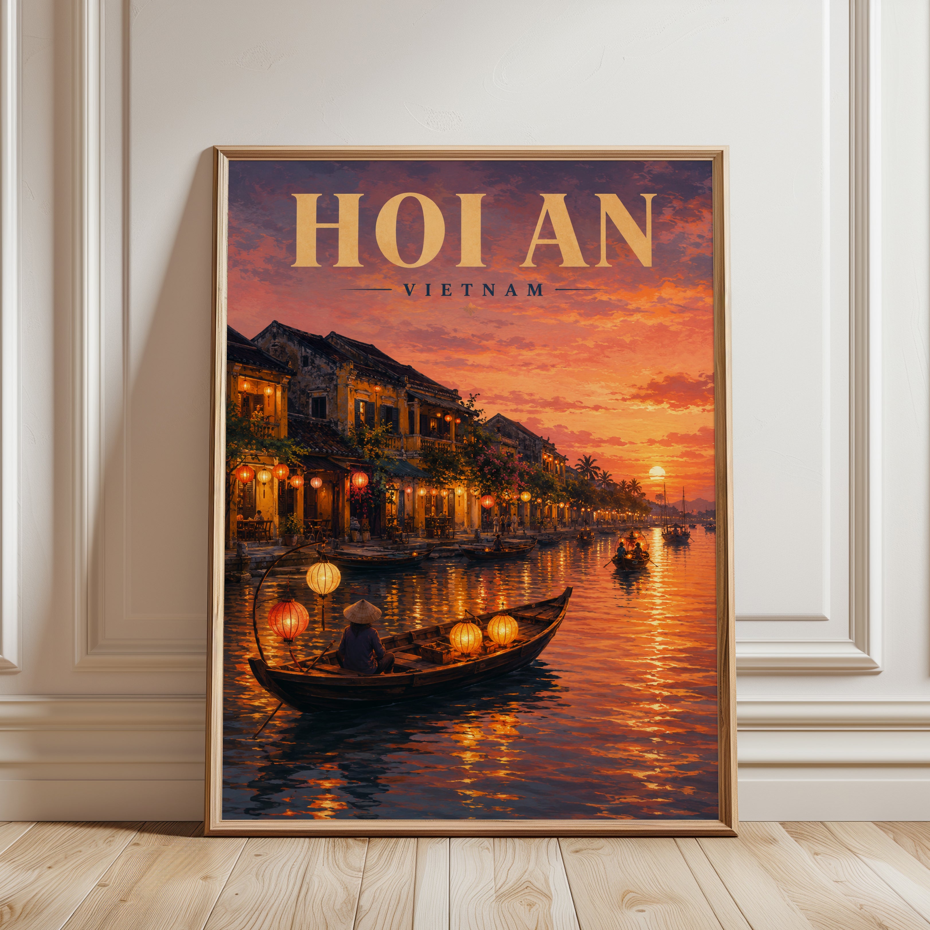 Hoi An Sunset Lanterns Print: Vietnamese River Town Wall Art - framed detail