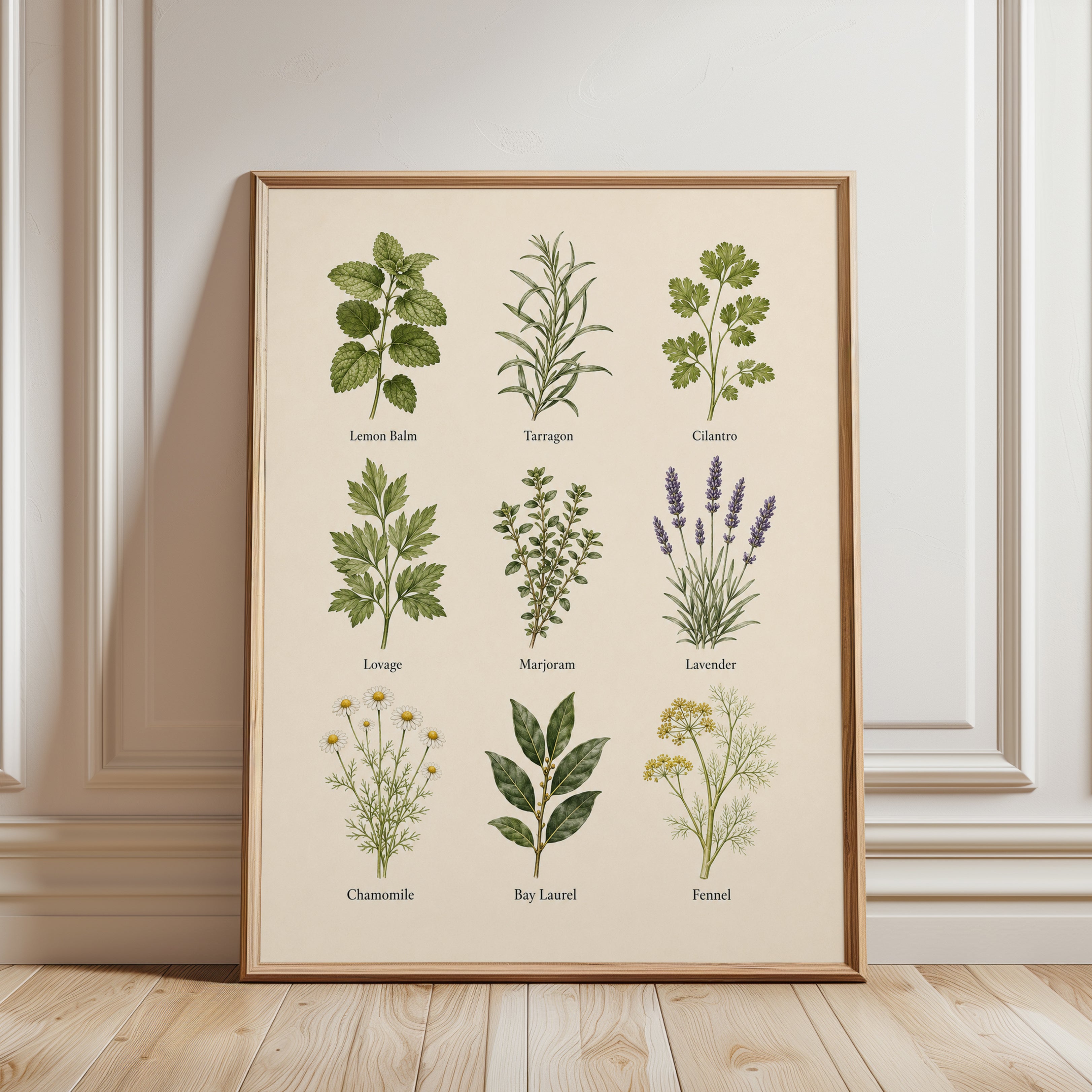 Kitchen Herbs Print – Botanical Chart Wall Art - framed detail
