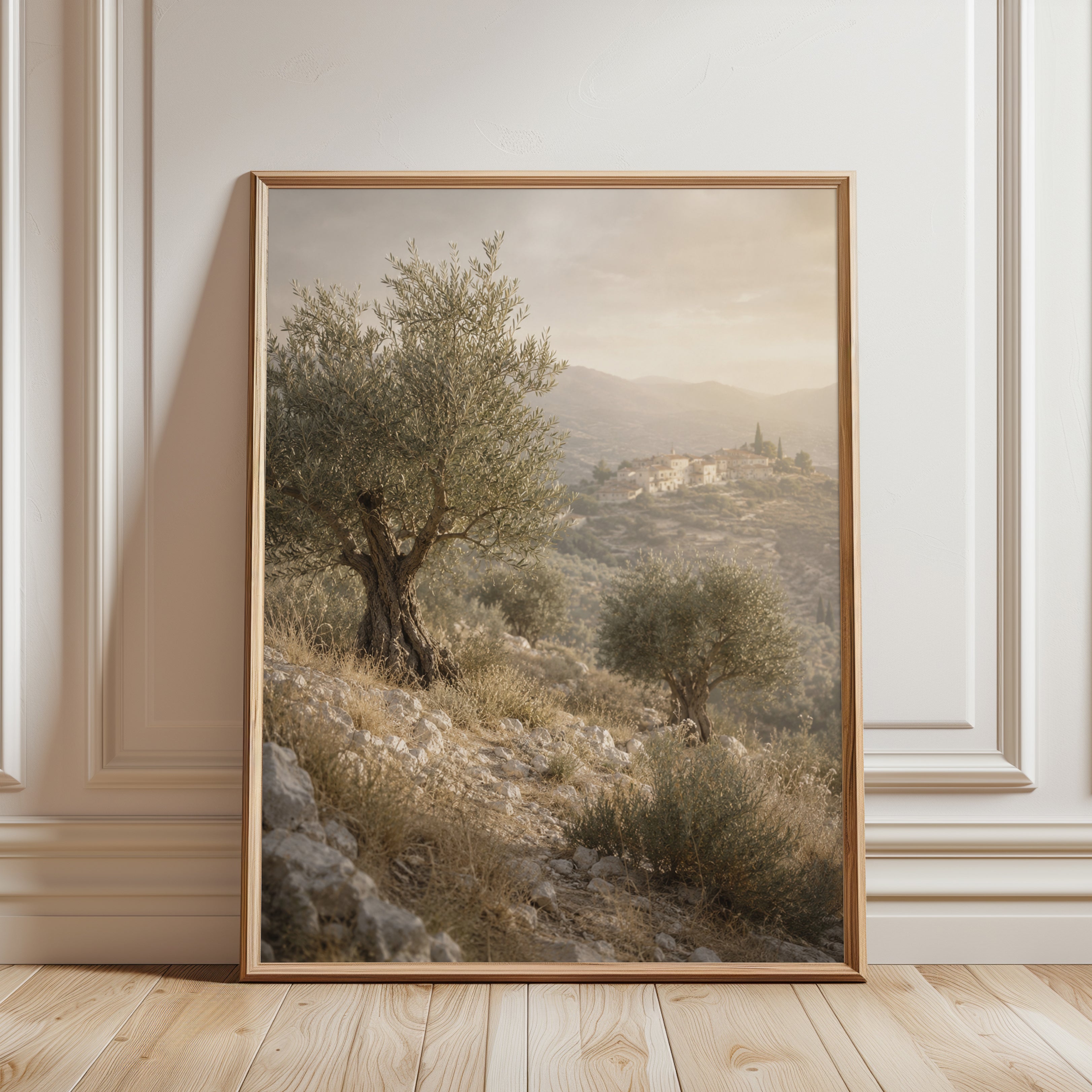 Olive Tree Print: Vintage Mediterranean Landscape (Rustic Wall Art) - framed detail
