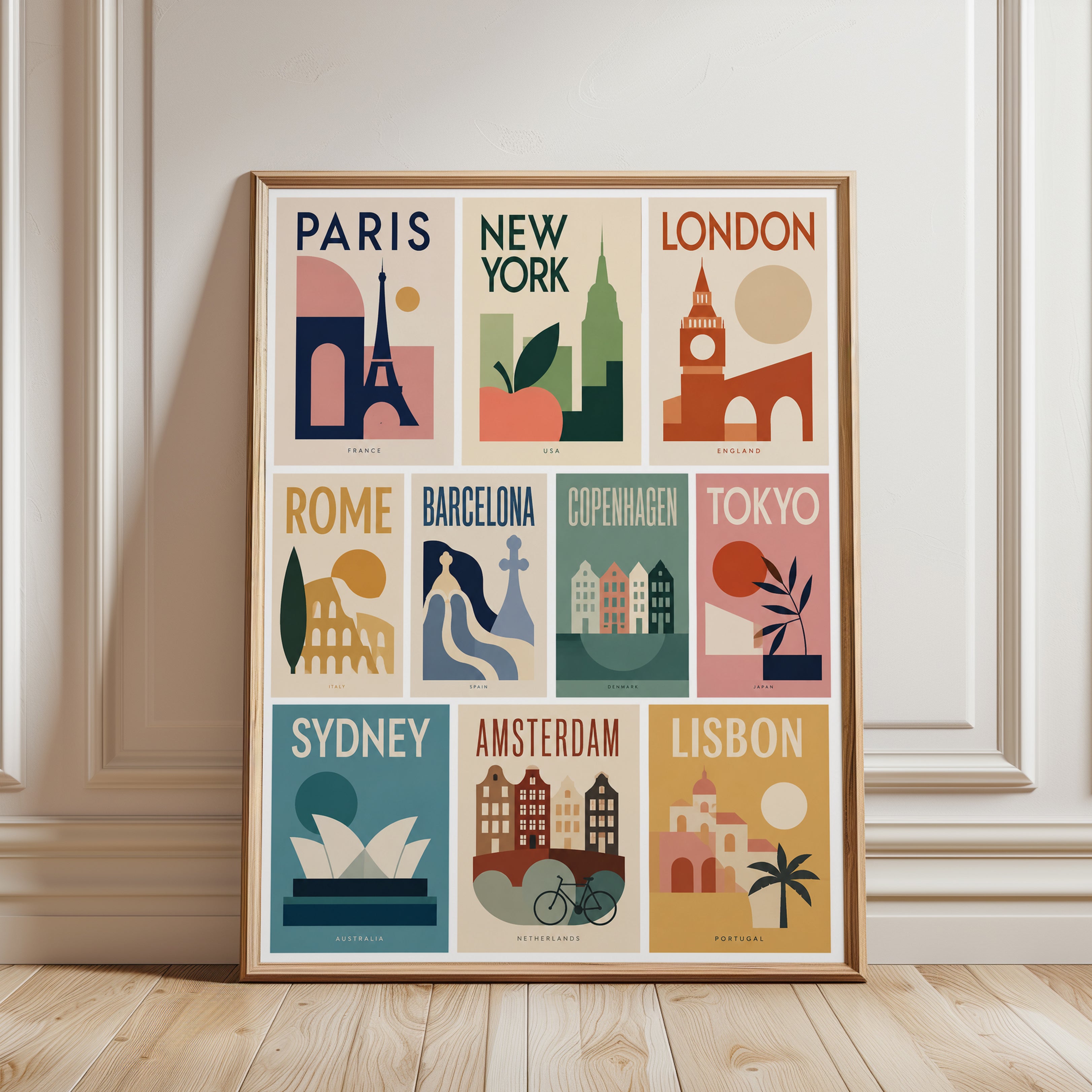 Travel Poster Set: Geometric City Landmarks - framed detail