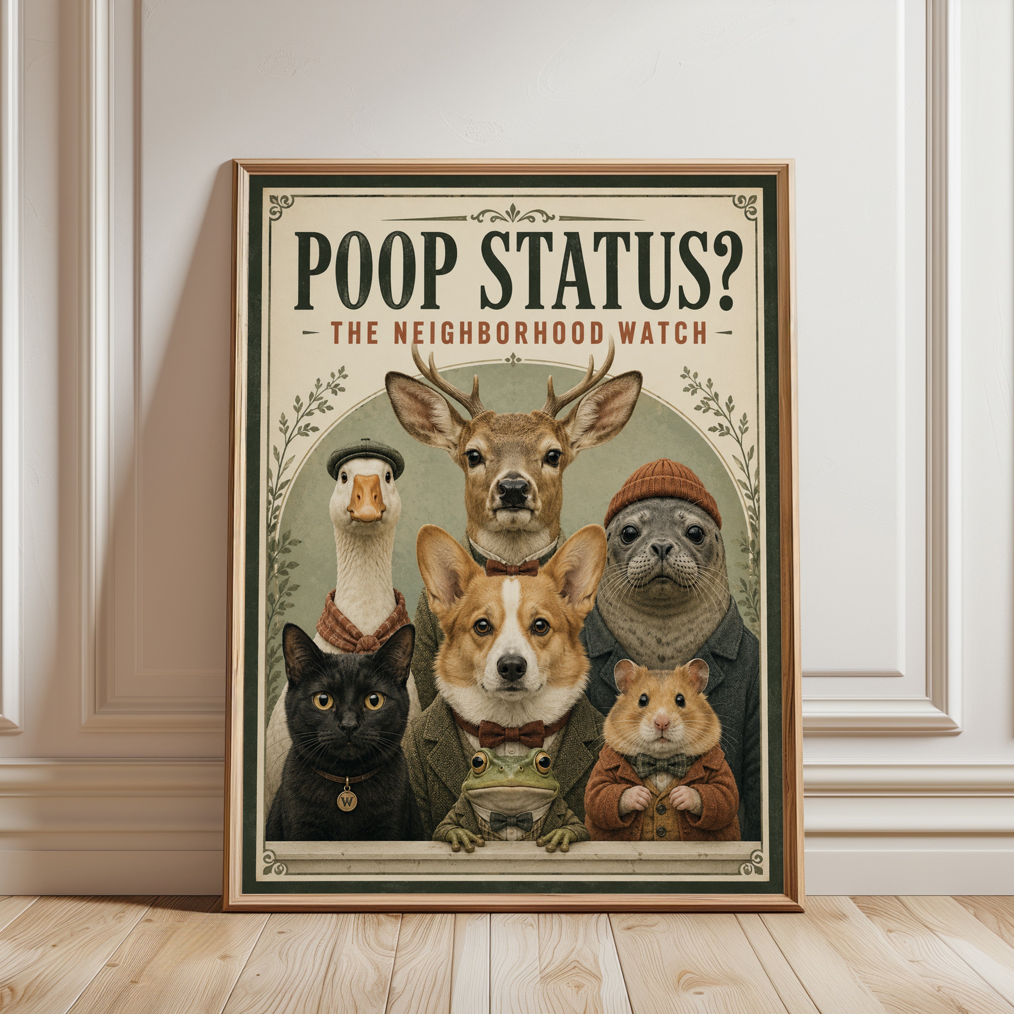 Funny Bathroom Print: Poop Status Neighborhood Watch Animals - framed detail