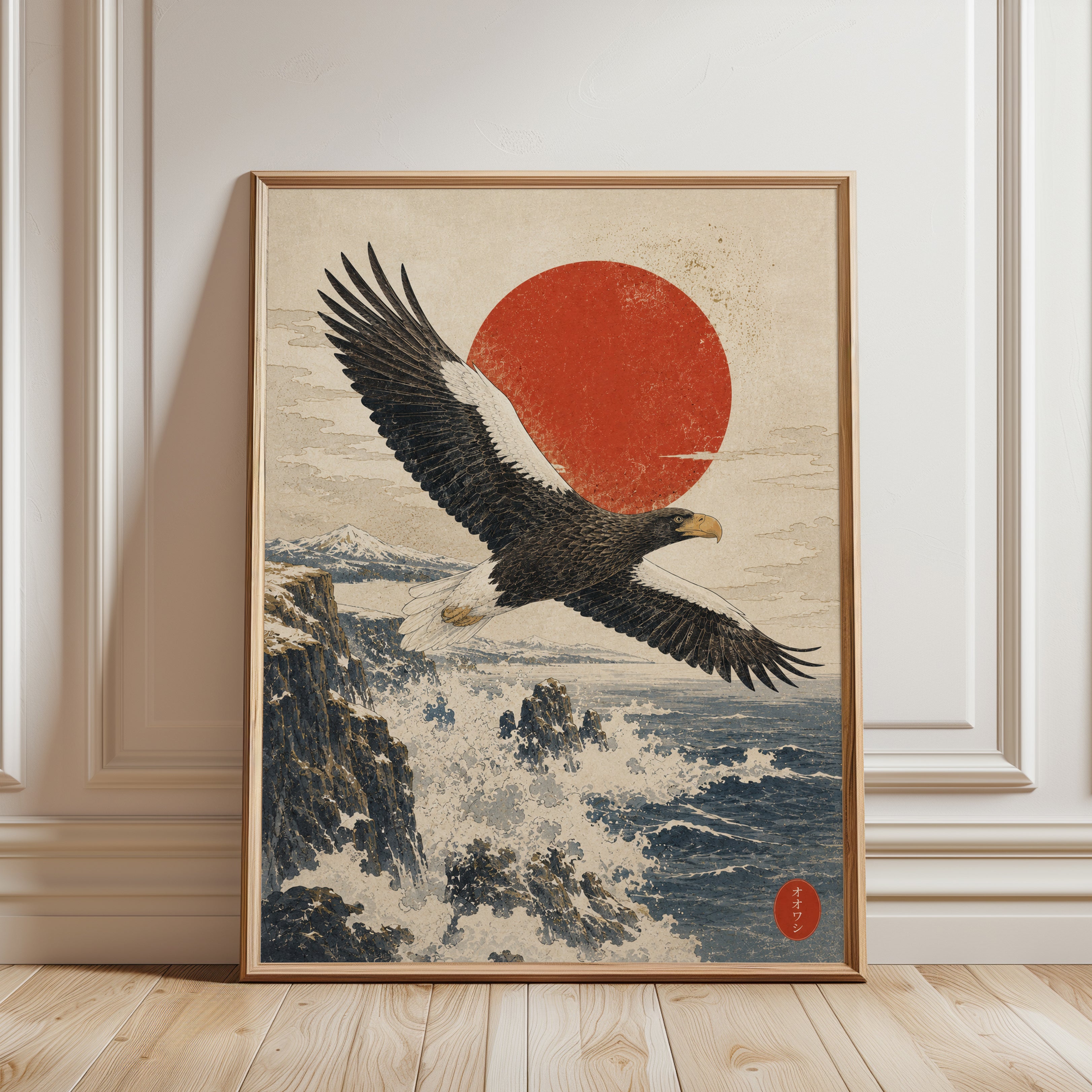 Japanese Ukiyo-e Eagle Print – Ocean Waves - framed detail