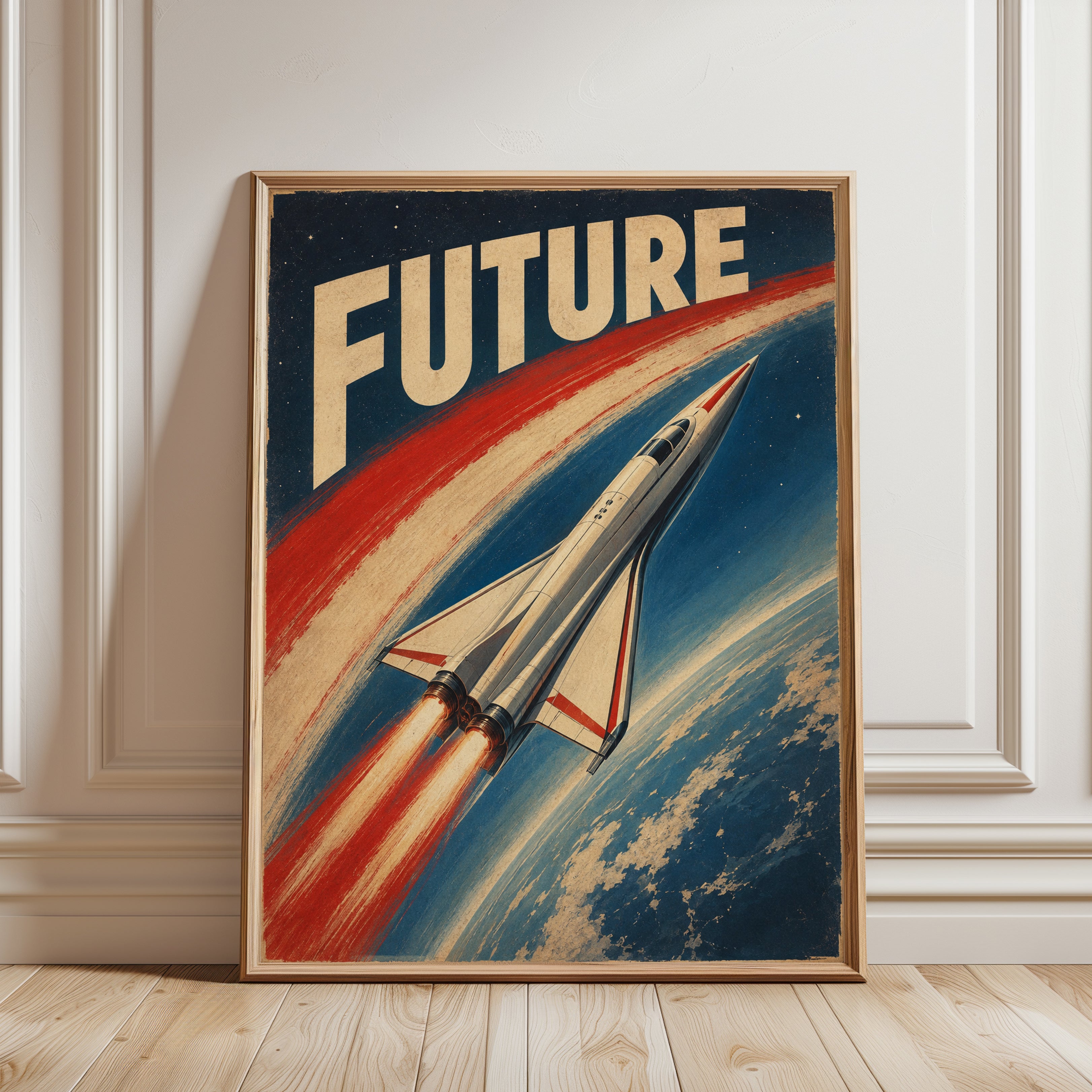 Retro Rocket Poster – Vintage Space Travel Art - framed detail
