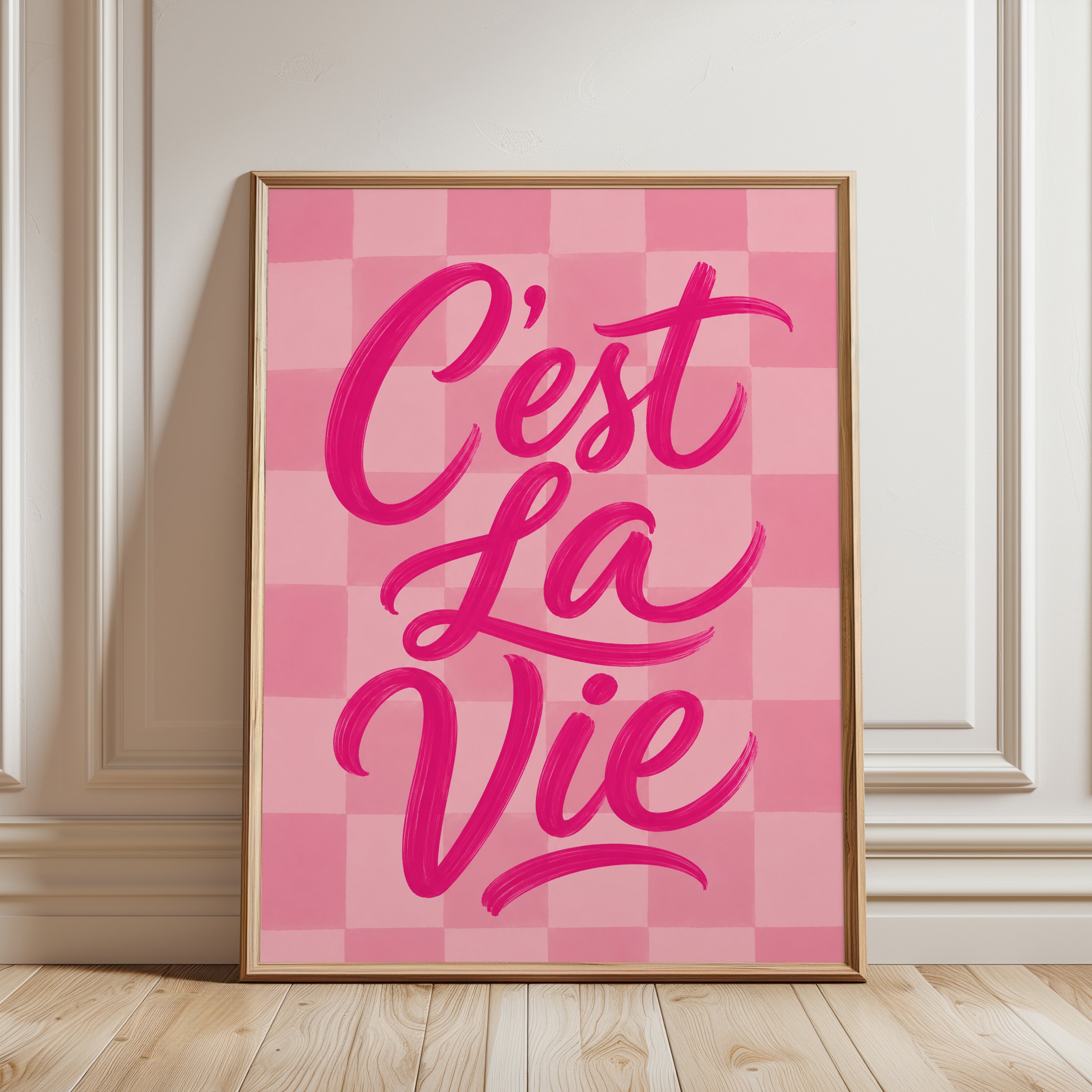C'est La Vie Typography Print: Pink Checkerboard Wall Art - framed detail