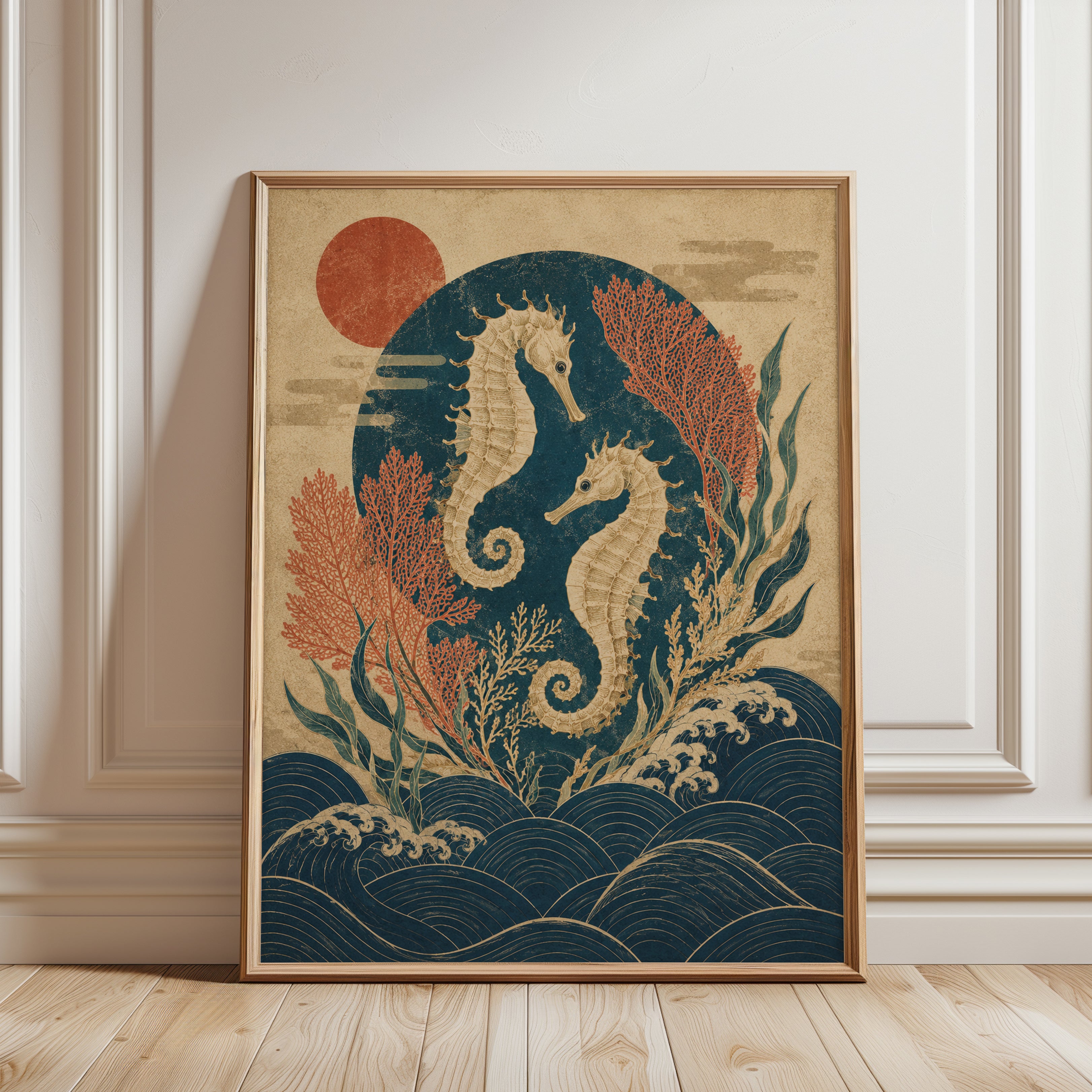 Japanese Seahorse Art Print: Vintage Ocean Illustration - framed detail