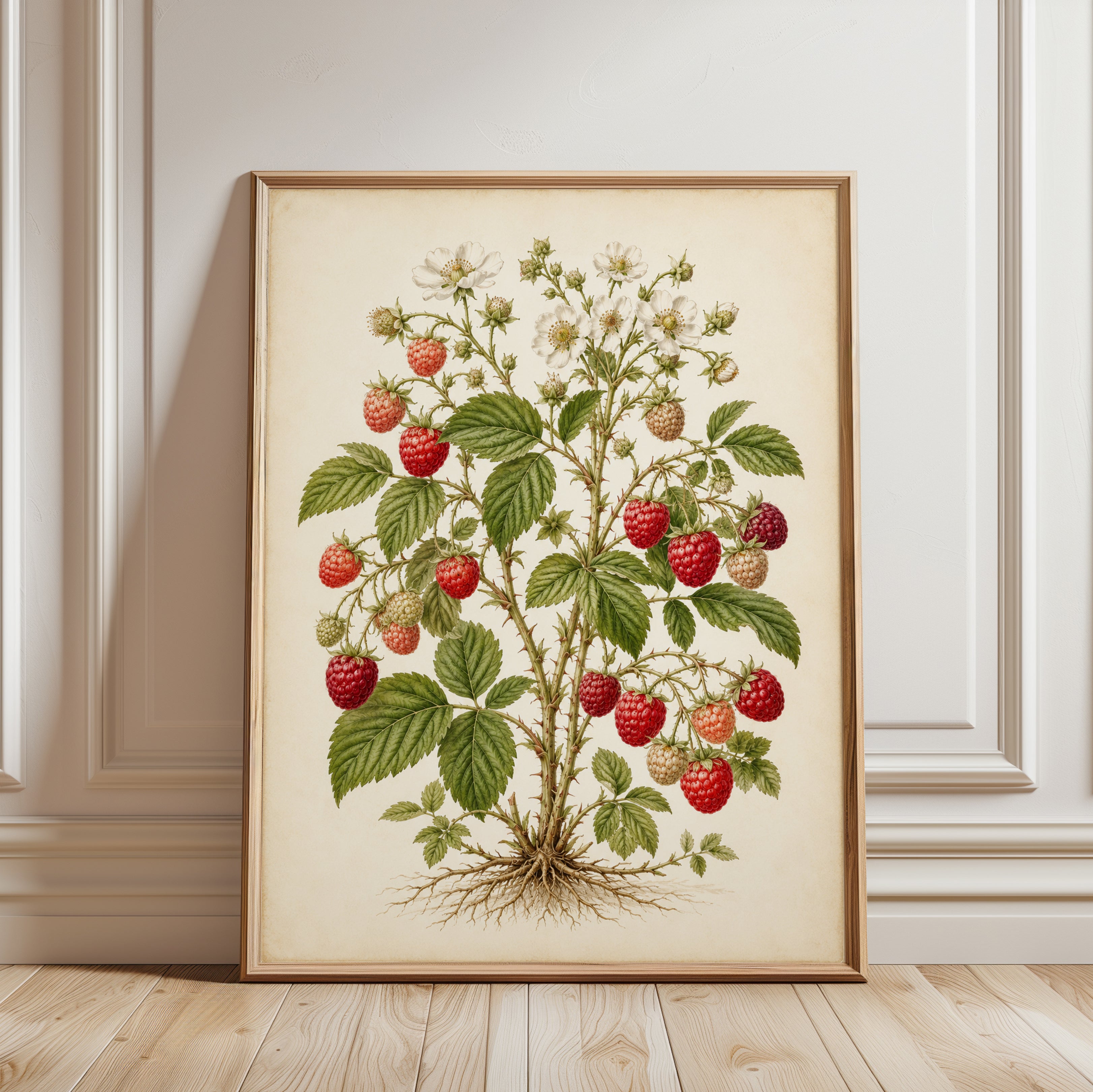 Raspberry Botanical Print — Vintage Herbal Illustration - framed detail