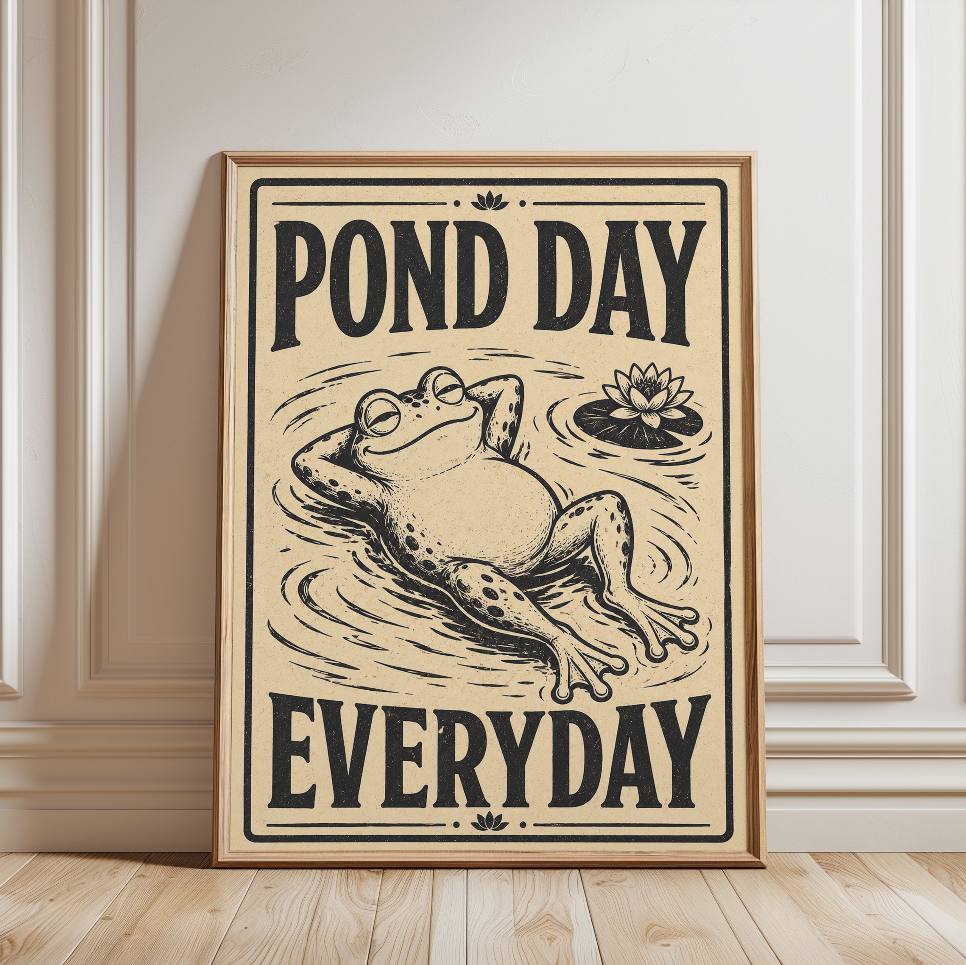 Vintage Frog Art Print: Whimsical Pond Day Poster - framed detail