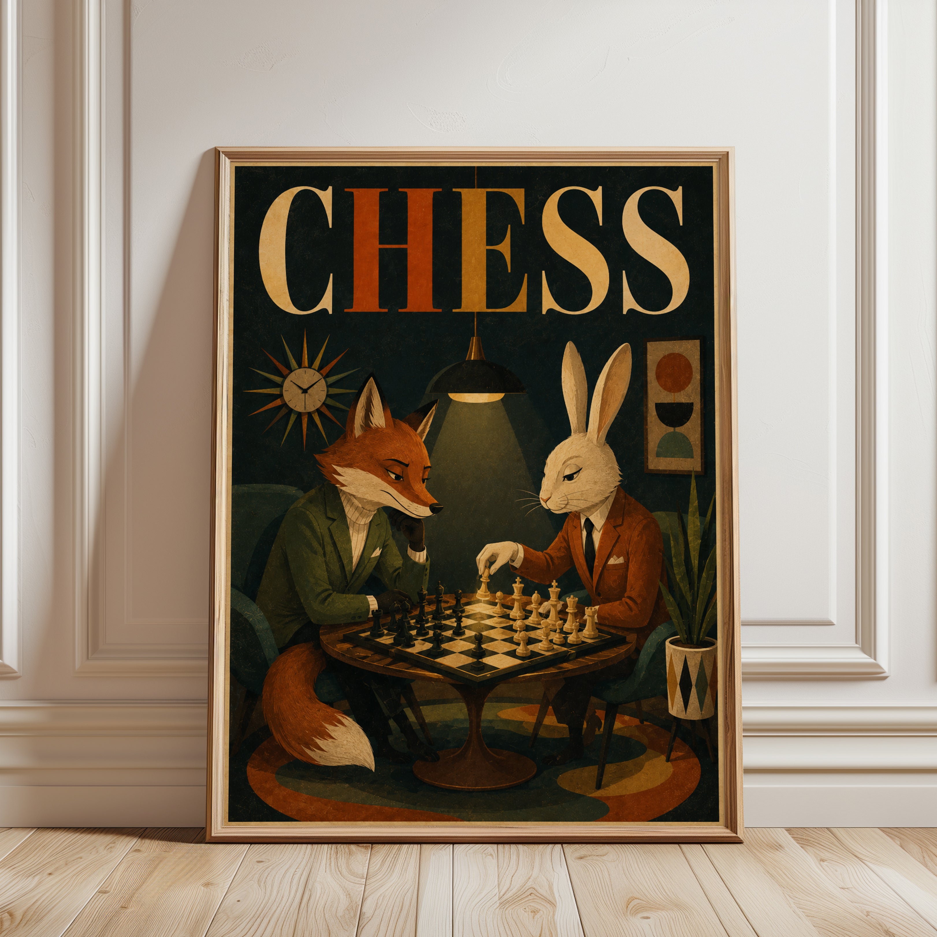 Fox and Rabbit Chess Game: Retro Mid-Century Modern Art Print - framed detail