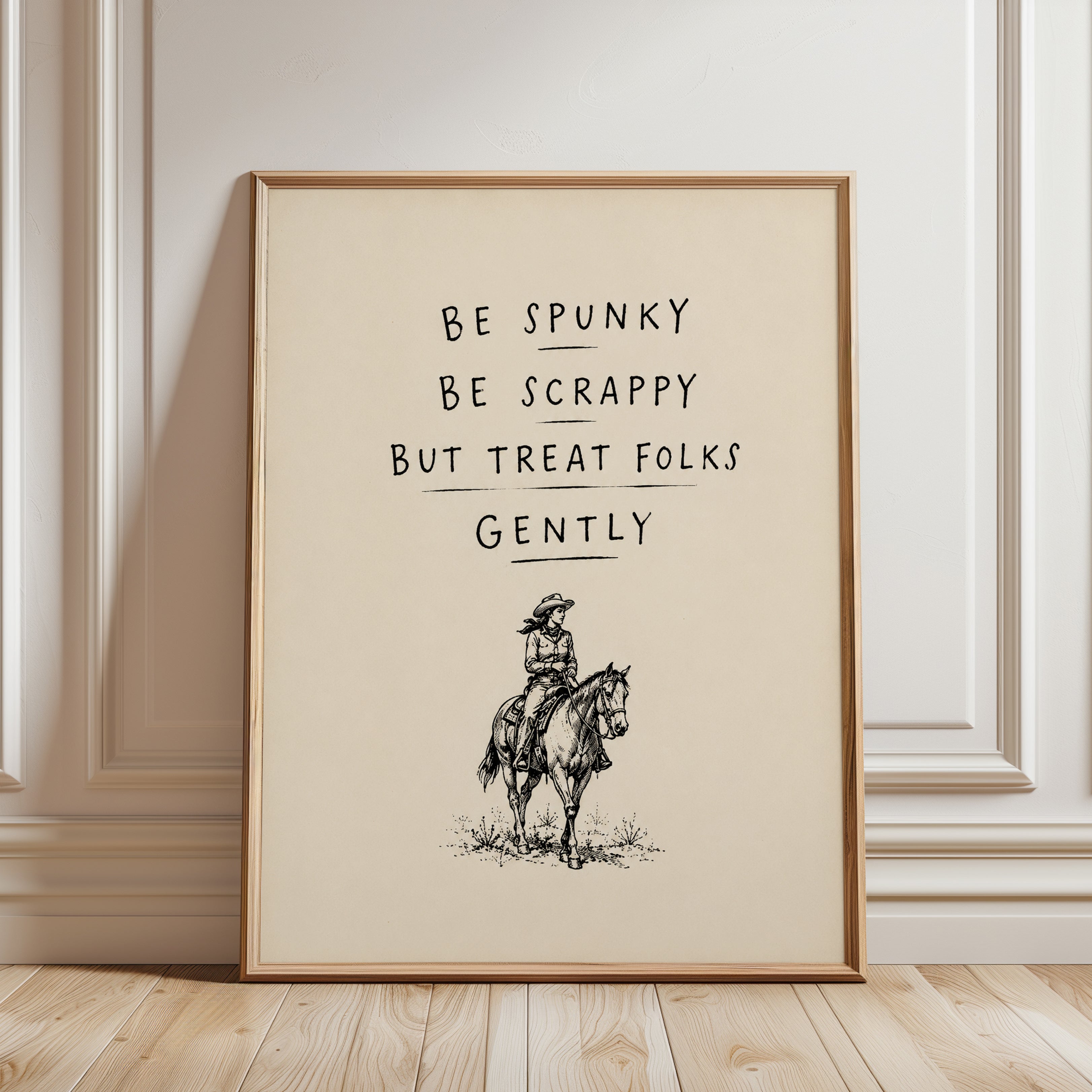 Be Spunky Cowgirl Quote Print: Vintage Western Art Poster - framed detail