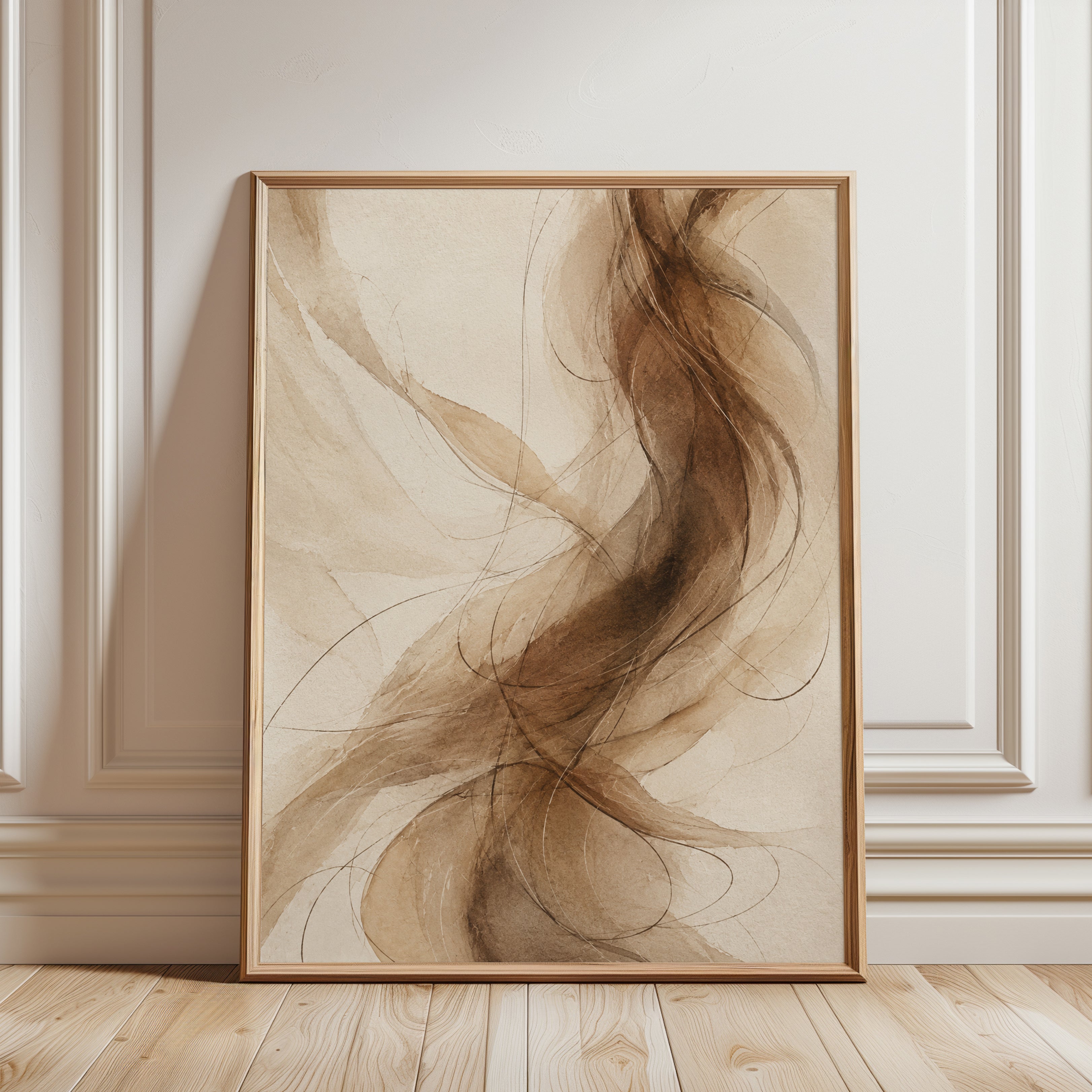 Abstract Flowing Lines Art Print: Sepia Organic Forms - framed detail
