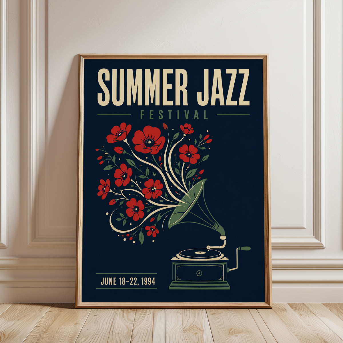 Summer Jazz Festival Poster: Vintage Gramophone with Red Poppies - framed detail