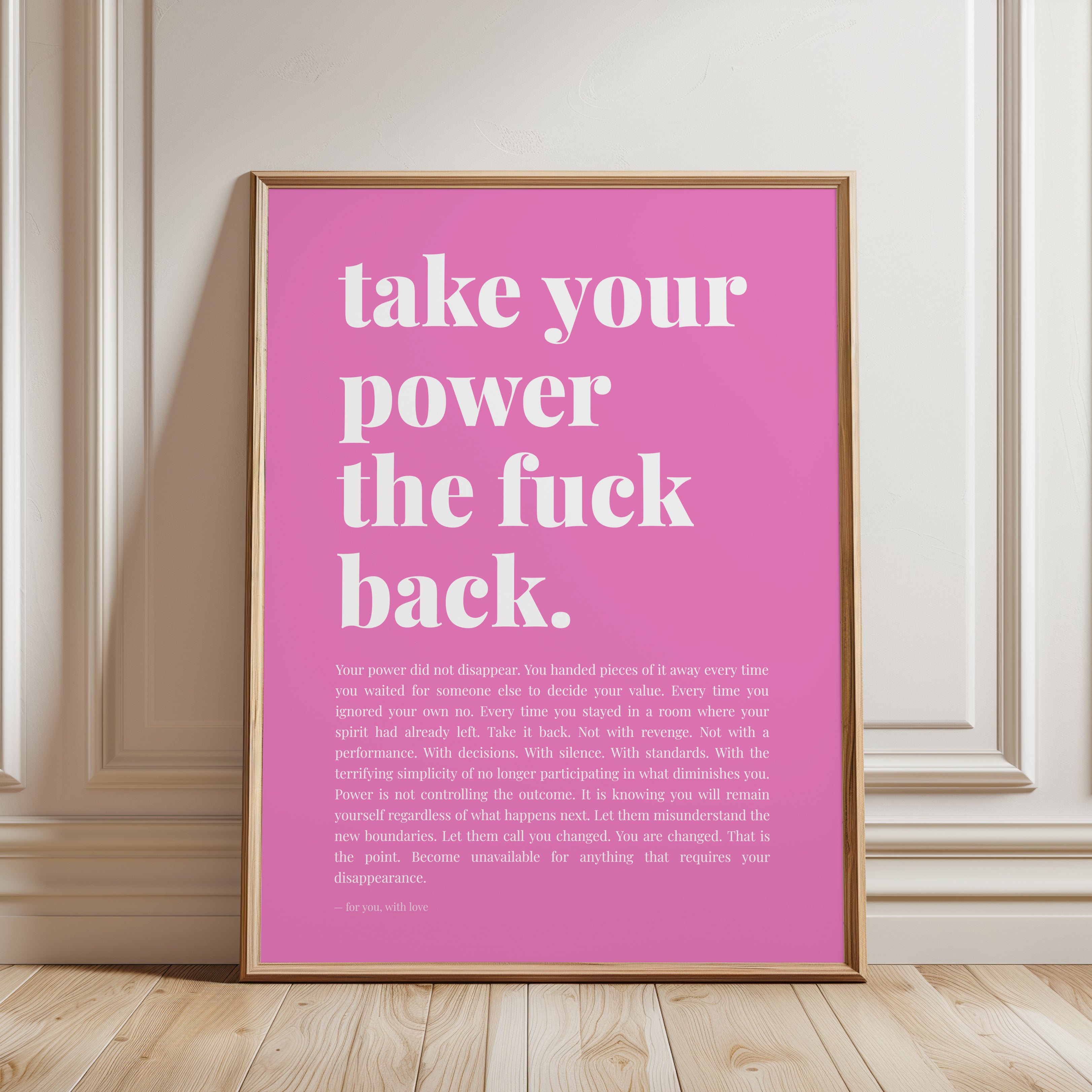 Take Your Power Back: Pink Empowerment Typography Wall Art - framed detail