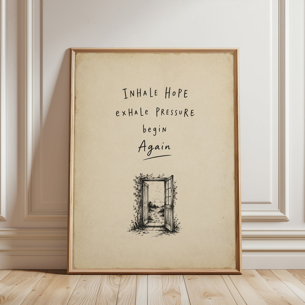 Inhale Hope Motivational Print: Vintage Door Illustration Art - framed detail