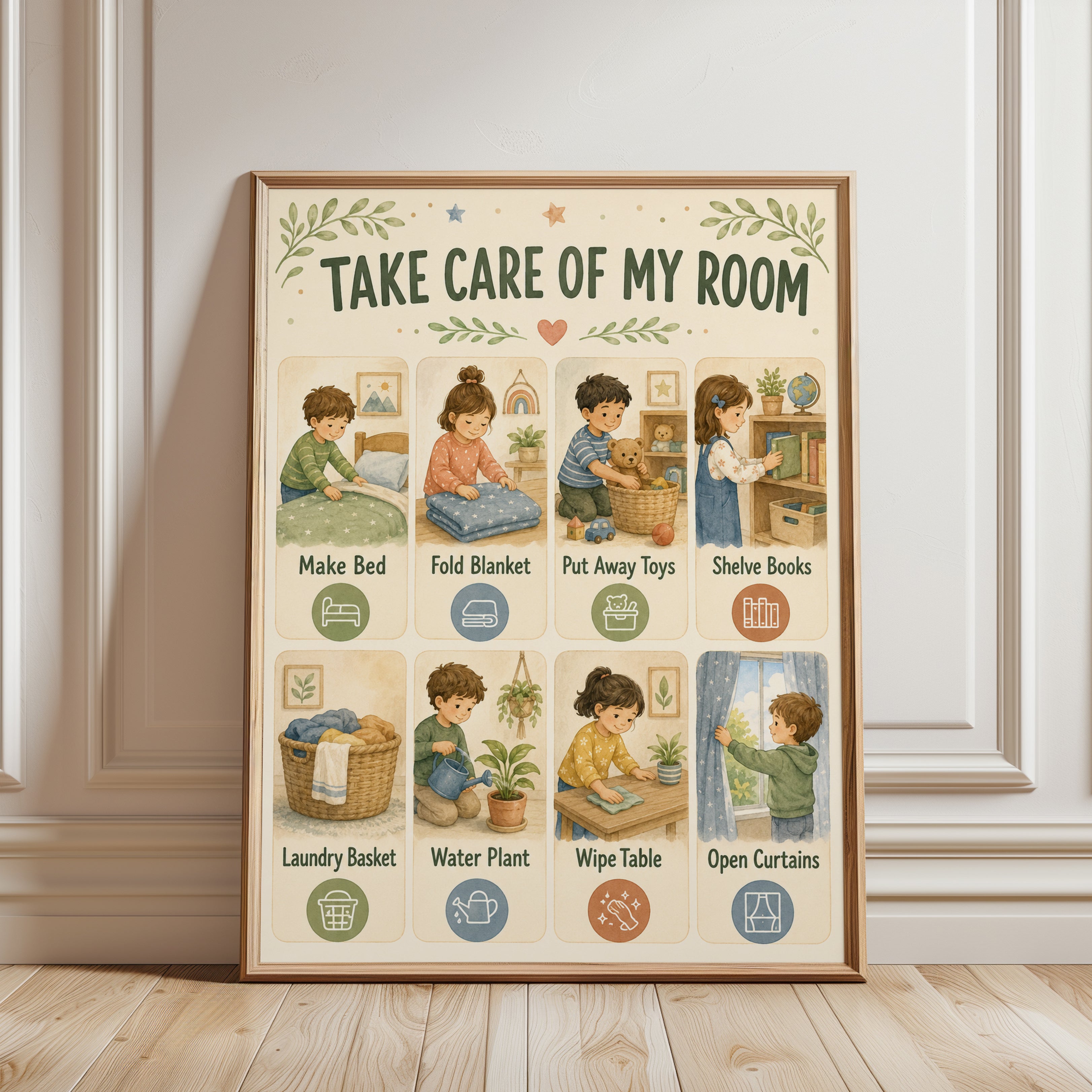 Kids Chore Chart Print: Illustrated Daily Room Routine - framed detail