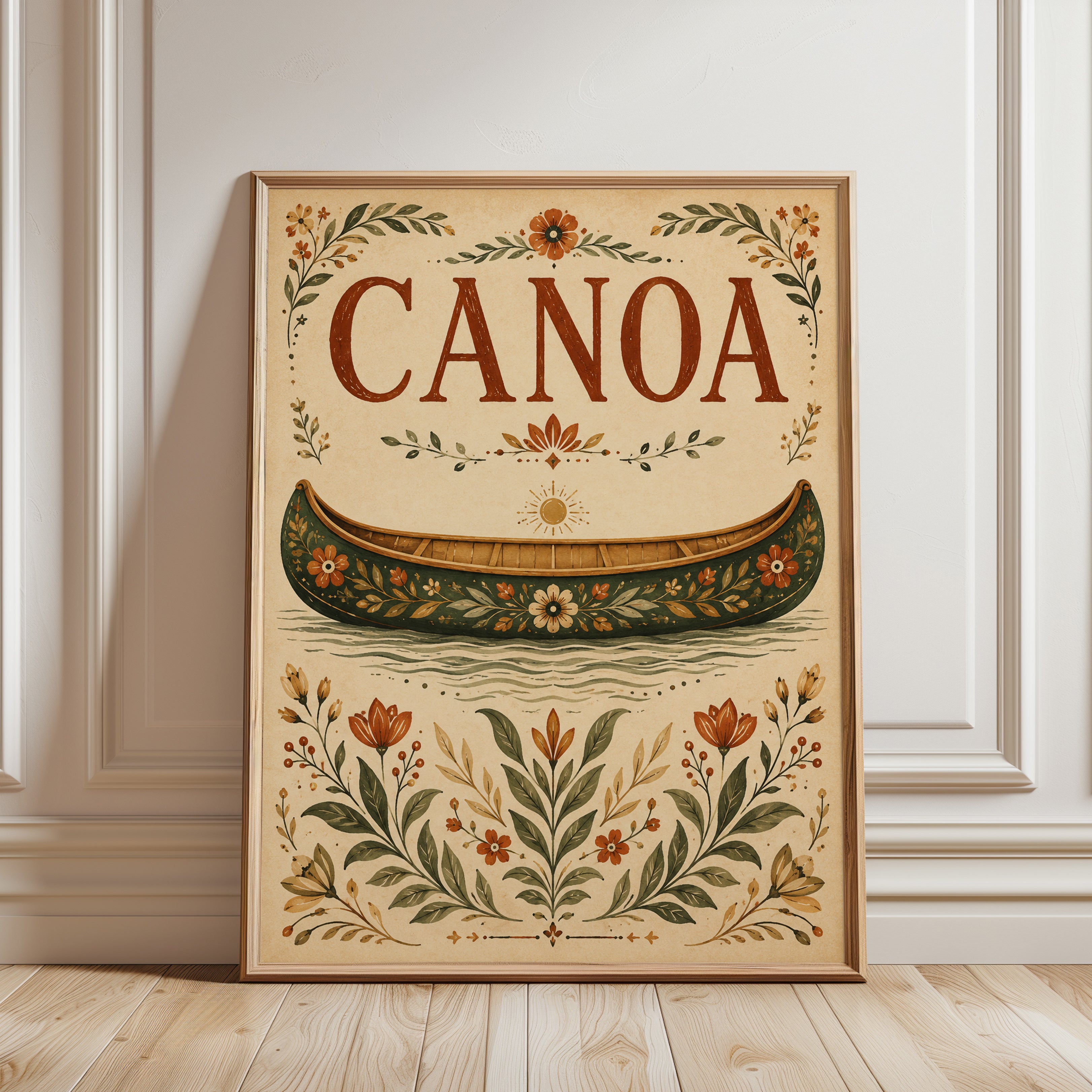 Folk Art Canoe Print: Vintage Floral Botanical Design - framed detail