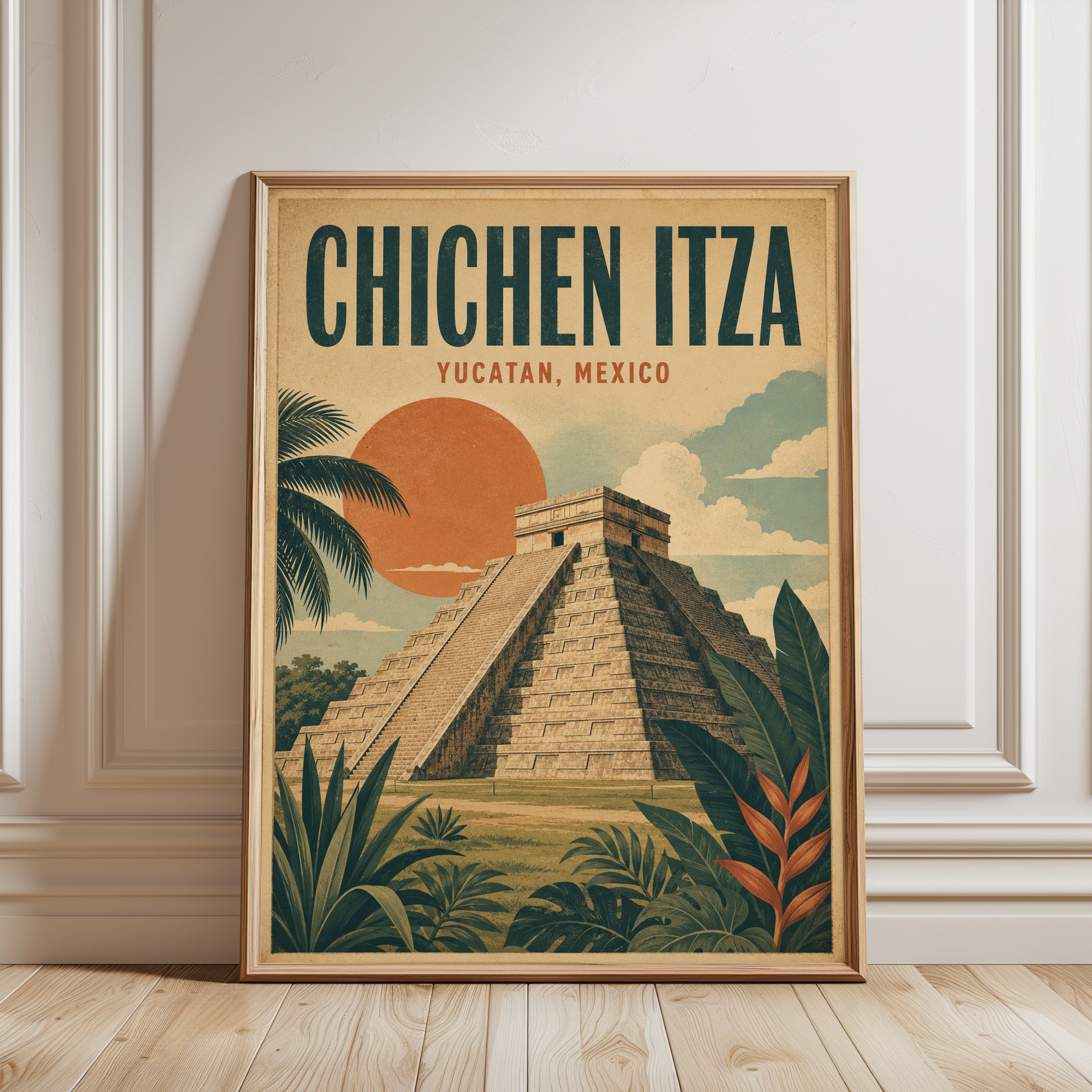 Chichen Itza Travel Poster – Retro Mexico Mid-Century Wall Art - framed detail
