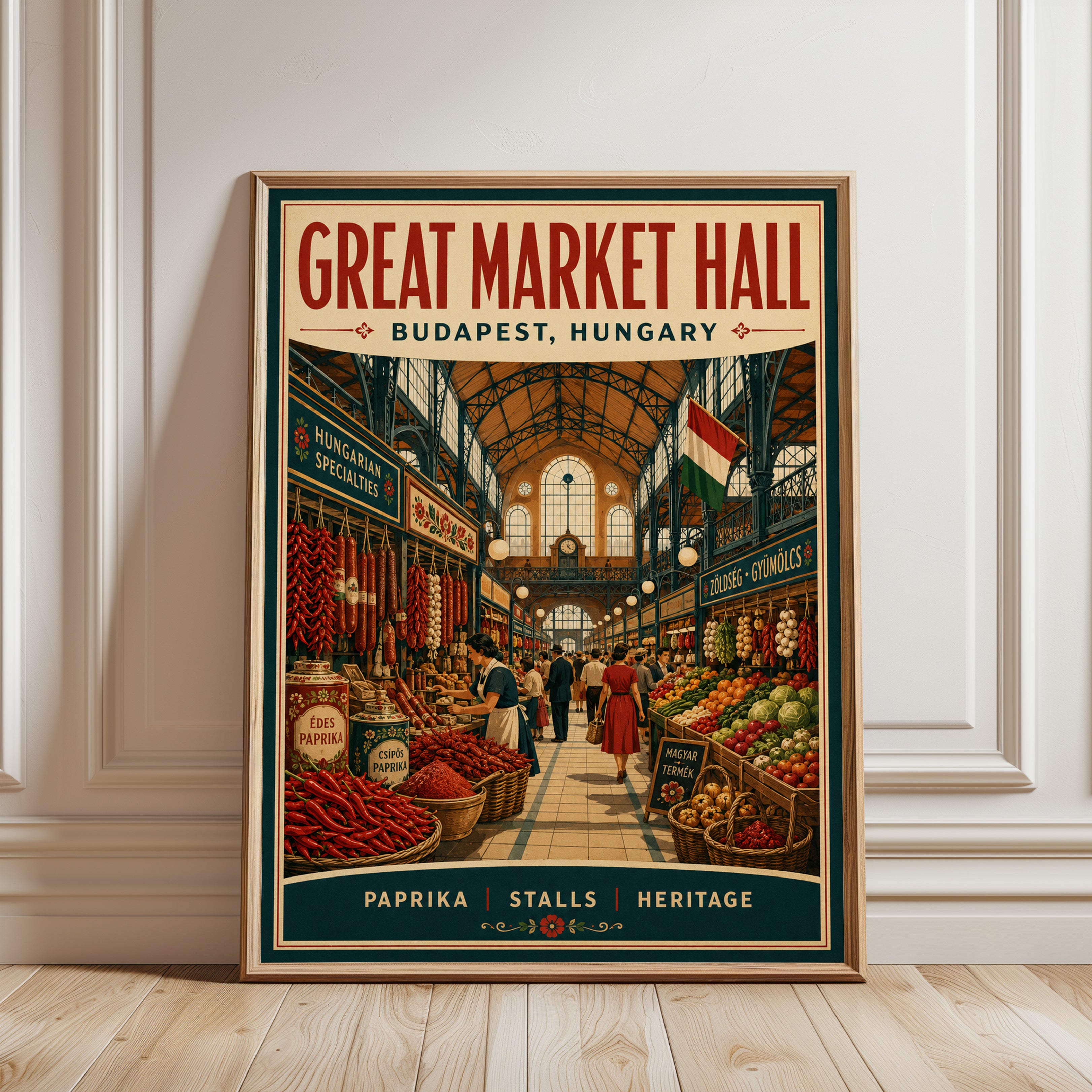 Market Hall Budapest Travel Print – Vintage Hungarian Market Art - framed detail
