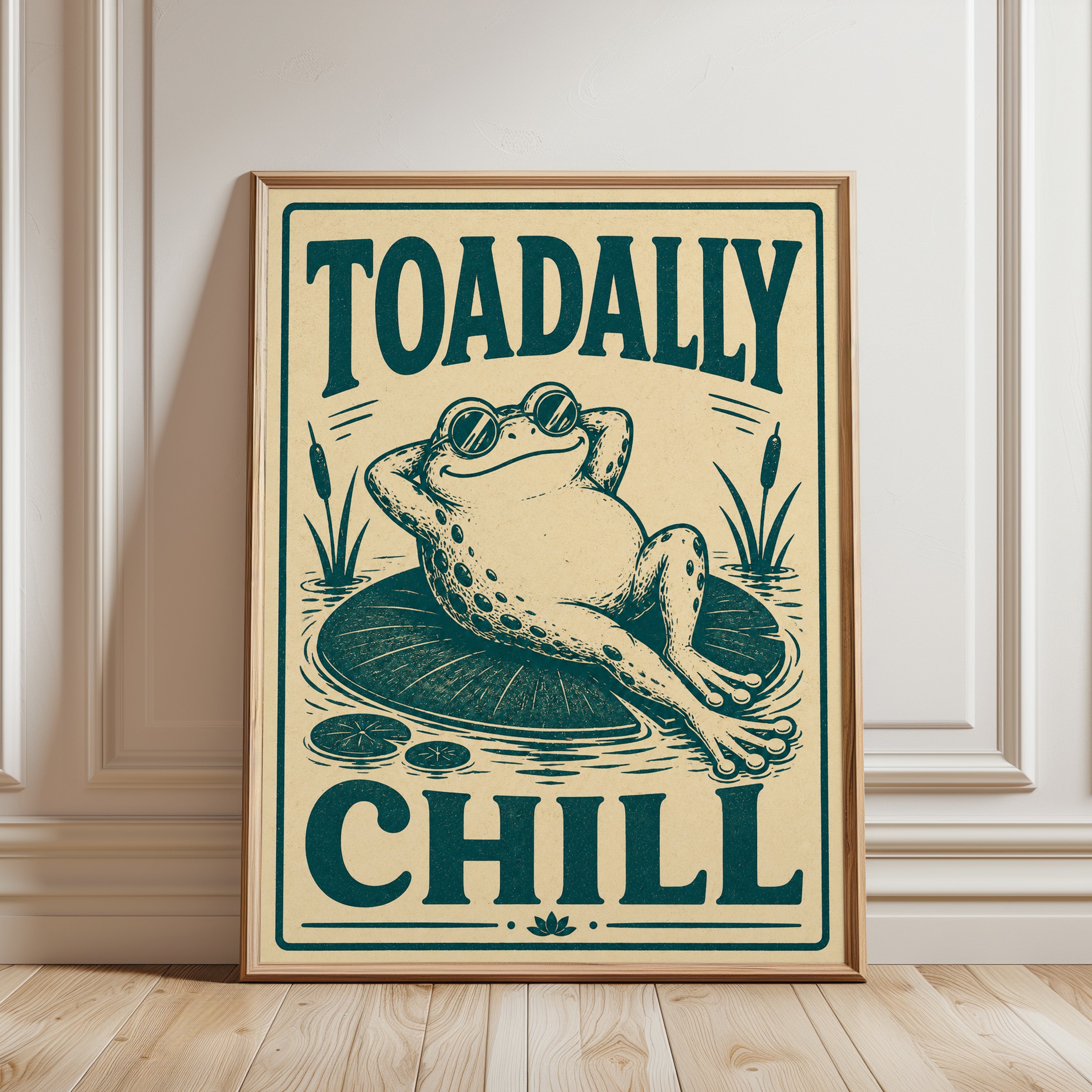 Frog Illustration Print: Vintage Retro Style (Teal and Cream) - framed detail