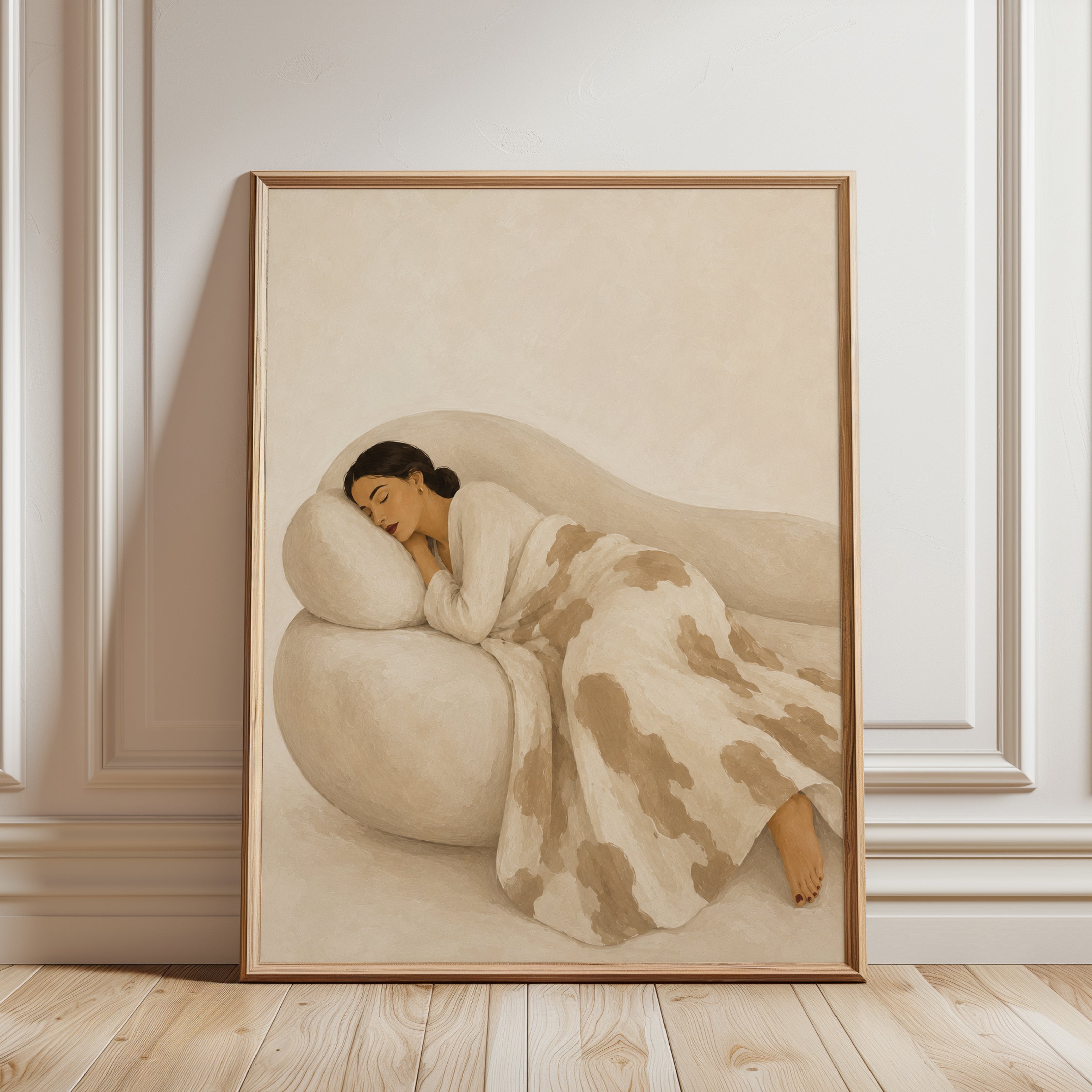 Resting Woman Art Print: Minimalist Beige and Cream Watercolor - framed detail