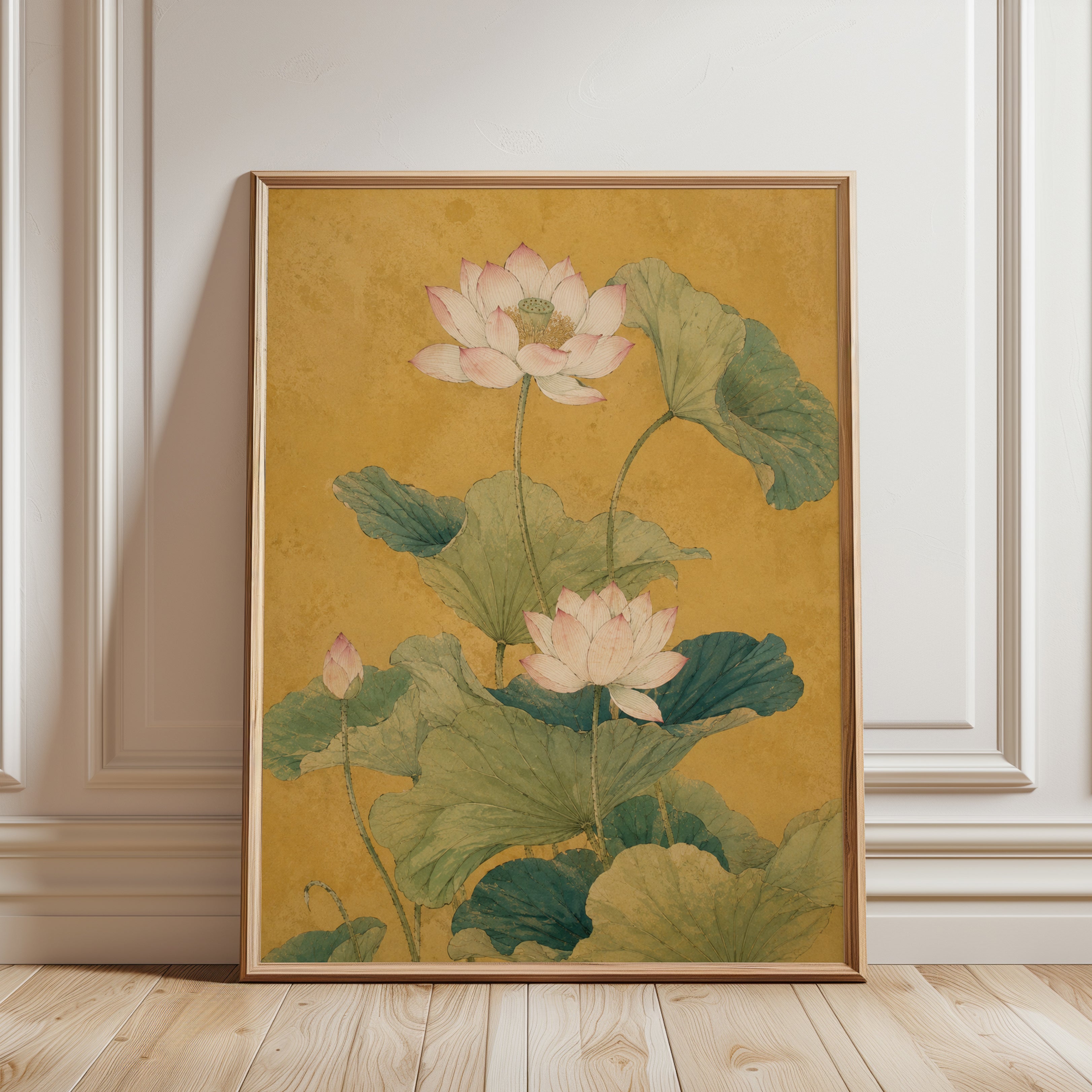 Lotus Flower Botanical Print — Vintage Asian Inspired Art - framed detail