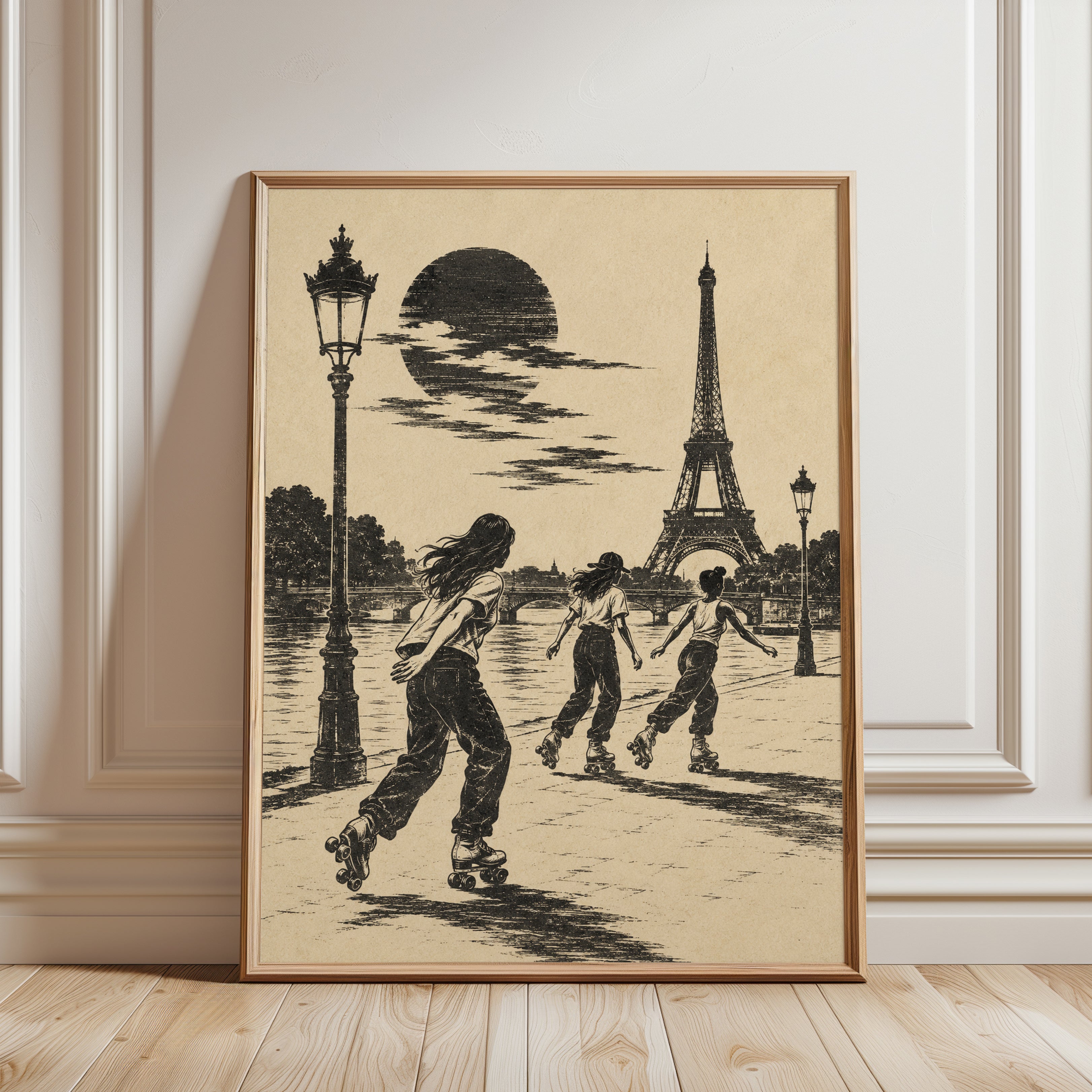 Paris Roller Skaters Art Print: Vintage Eiffel Tower Scene - framed detail