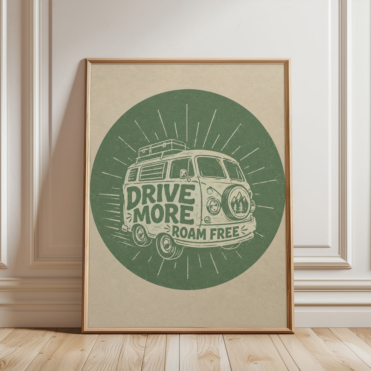 Drive More Roam Free Van Print: Retro Green Adventure Travel Art - framed detail