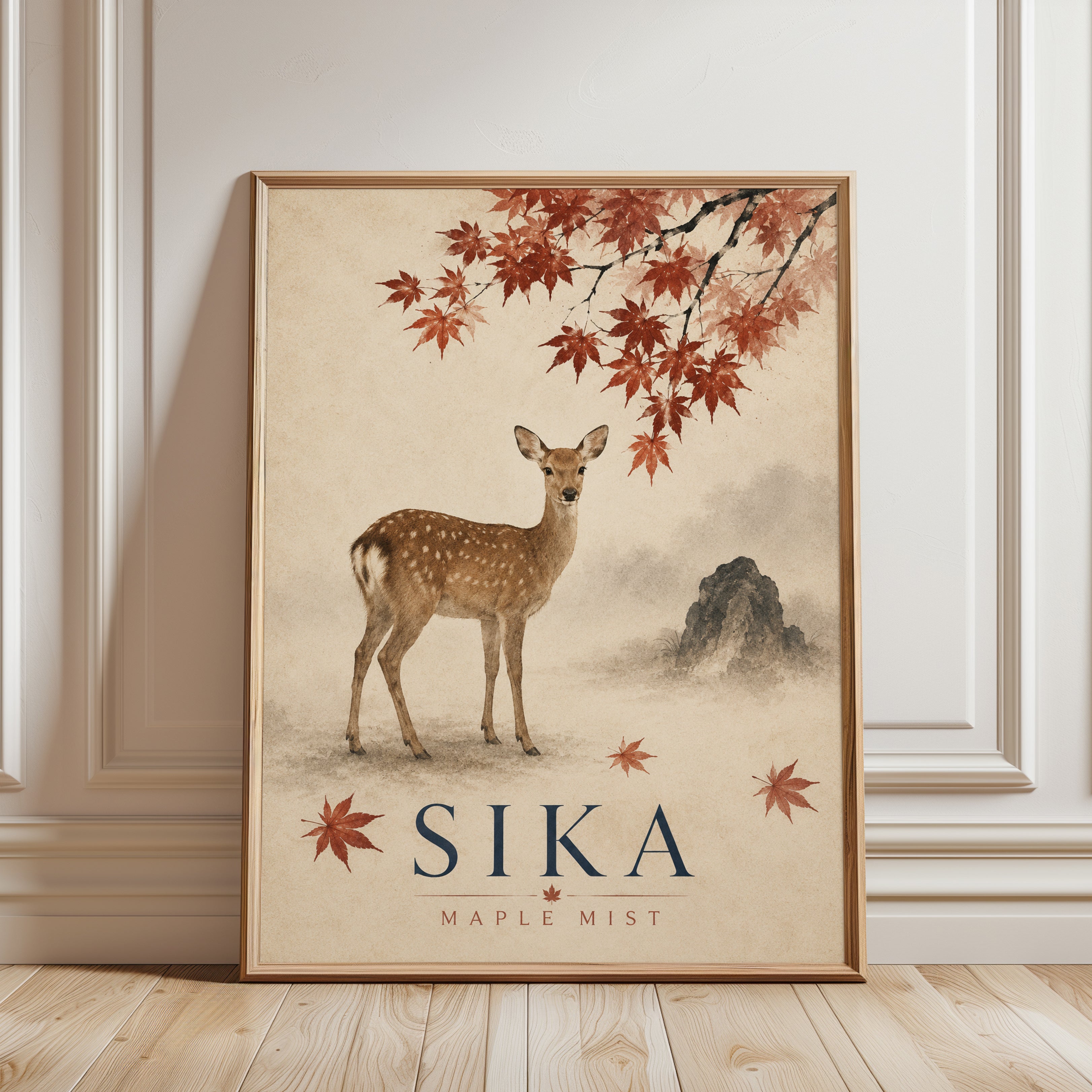 Sika Deer Autumn Maple Print - framed detail