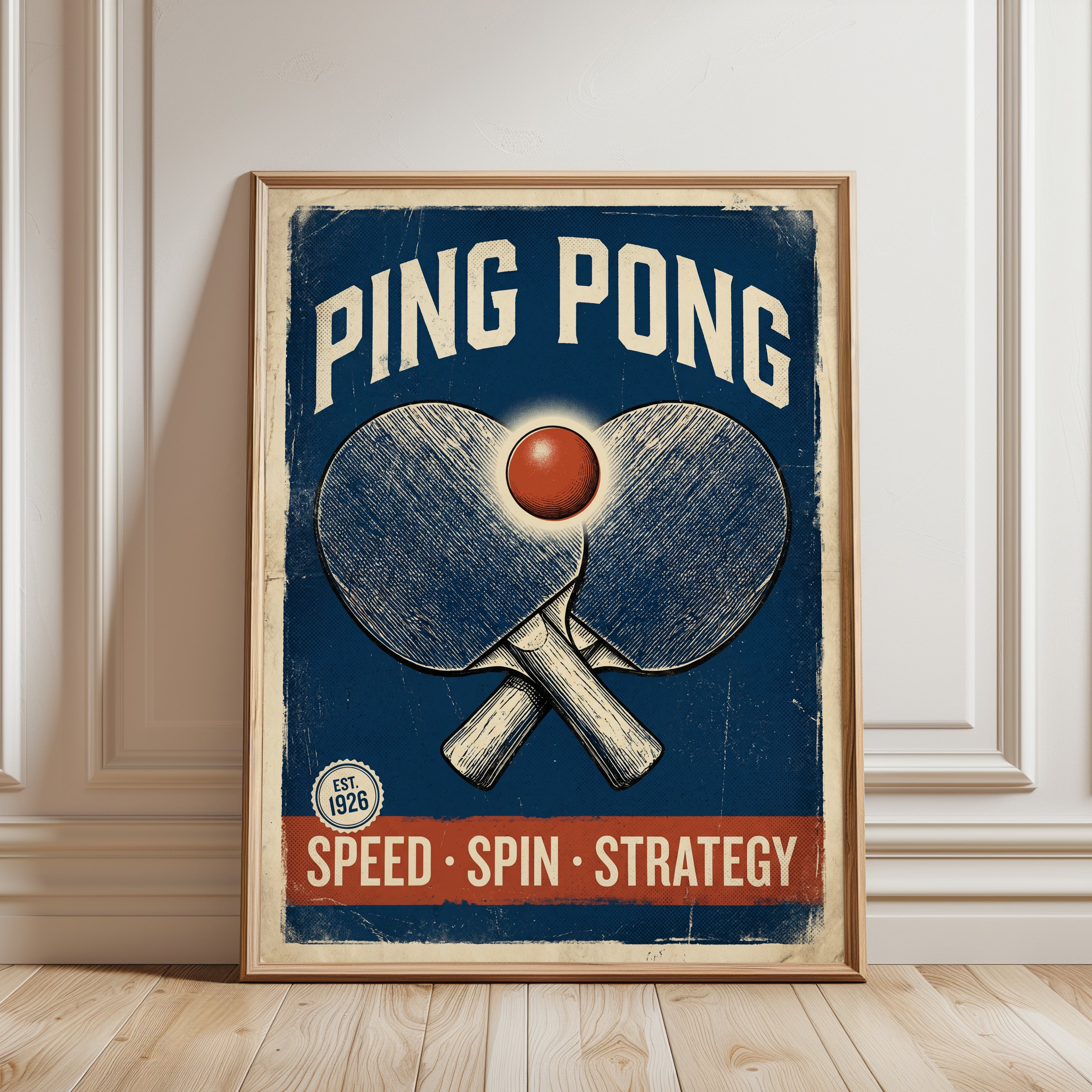 Navy Blue Wall Art Print — Vintage Table Tennis Poster - framed detail