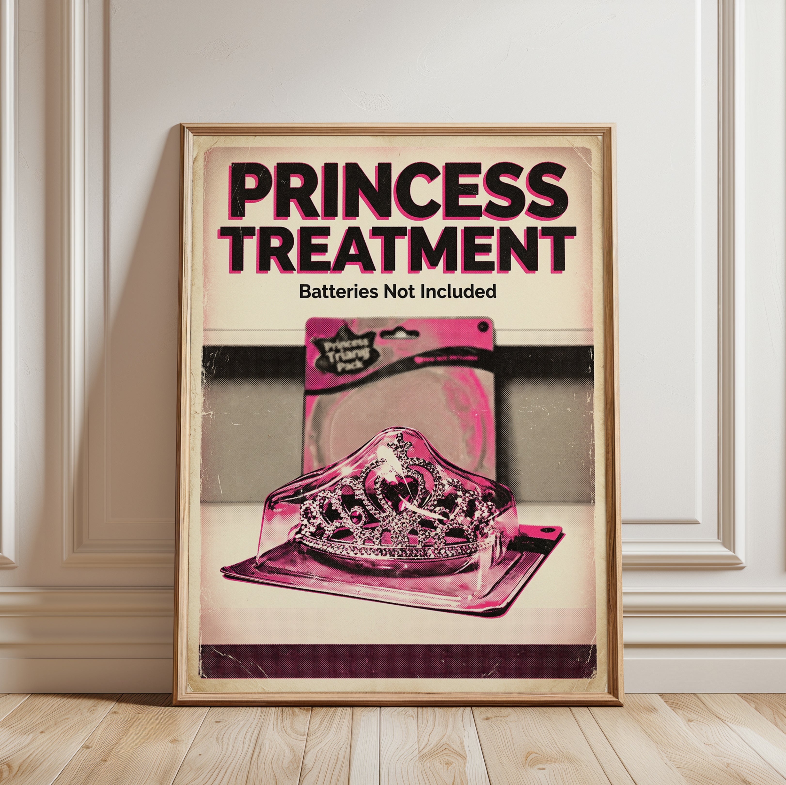 Princess Treatment Pop Art Print — Feminist Satire Pink Tiara - framed detail